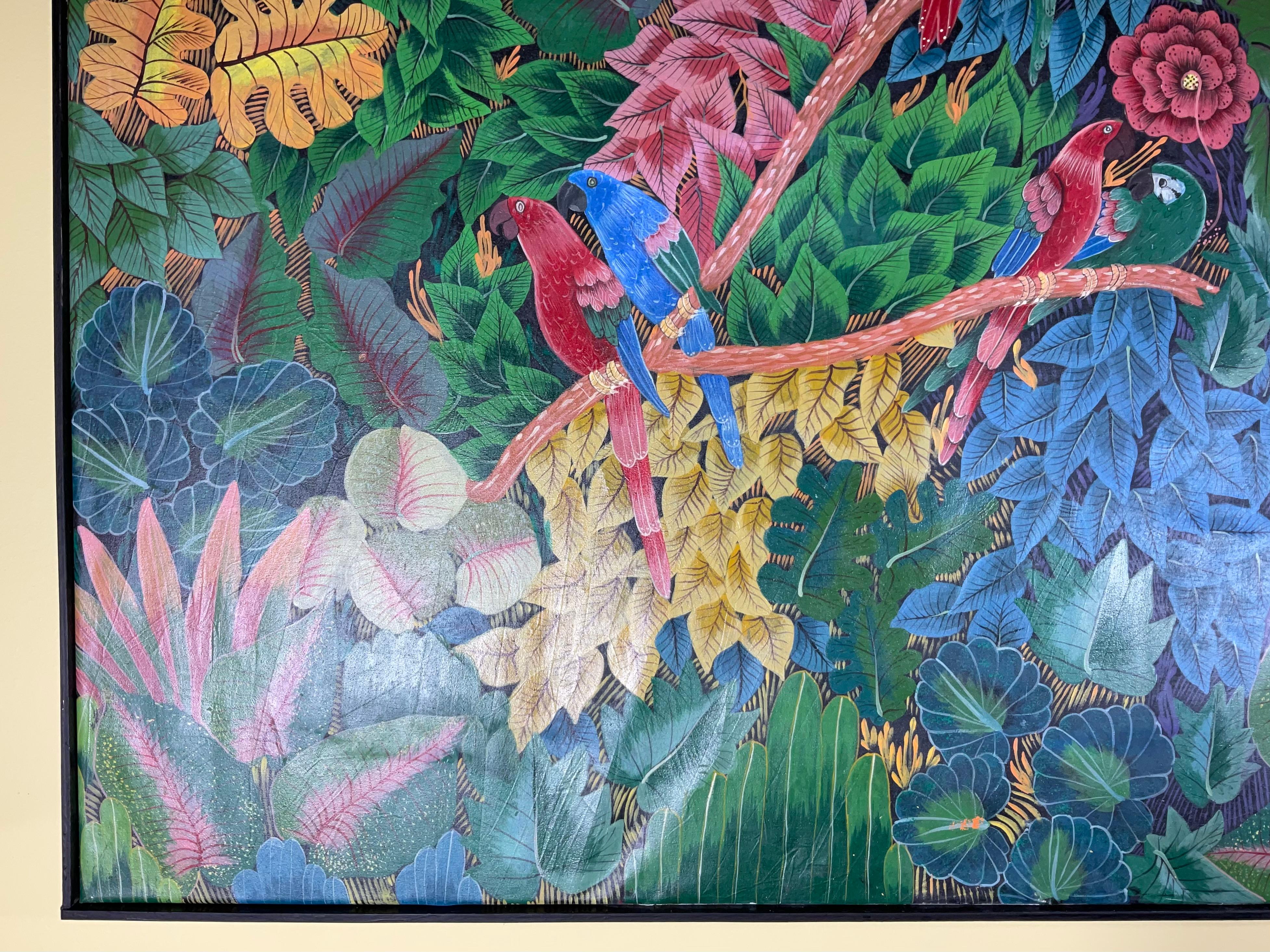 Cautivadora Escena de la Selva Haitiana con Guacamayos - Arte Original Firmado siglo XX en venta