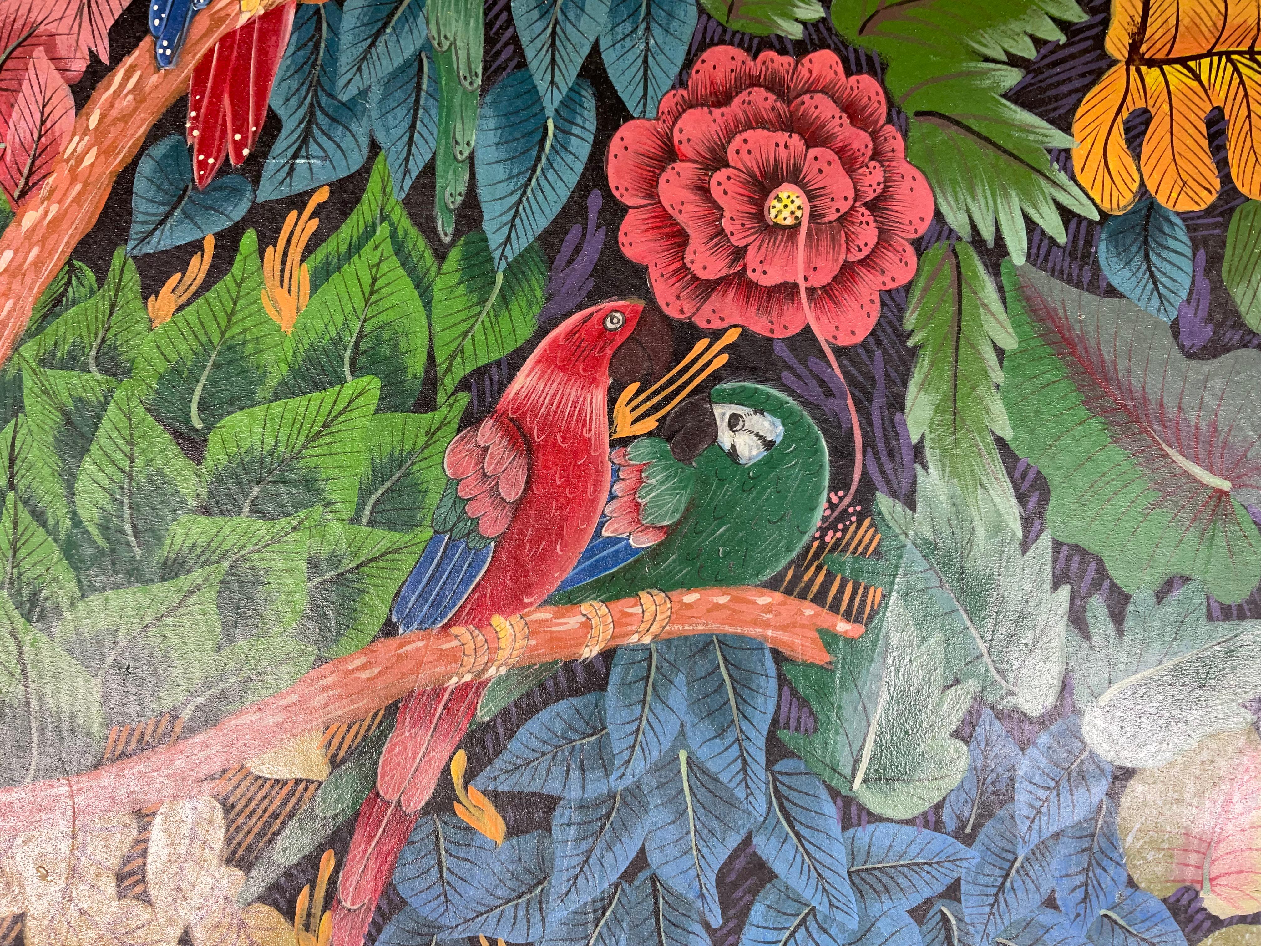 Cautivadora Escena de la Selva Haitiana con Guacamayos - Arte Original Firmado en venta 1