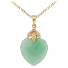 Captivating Heart Shaped Jade w/ Side Diamonds in 18K Yellow Gold - Pendant Only