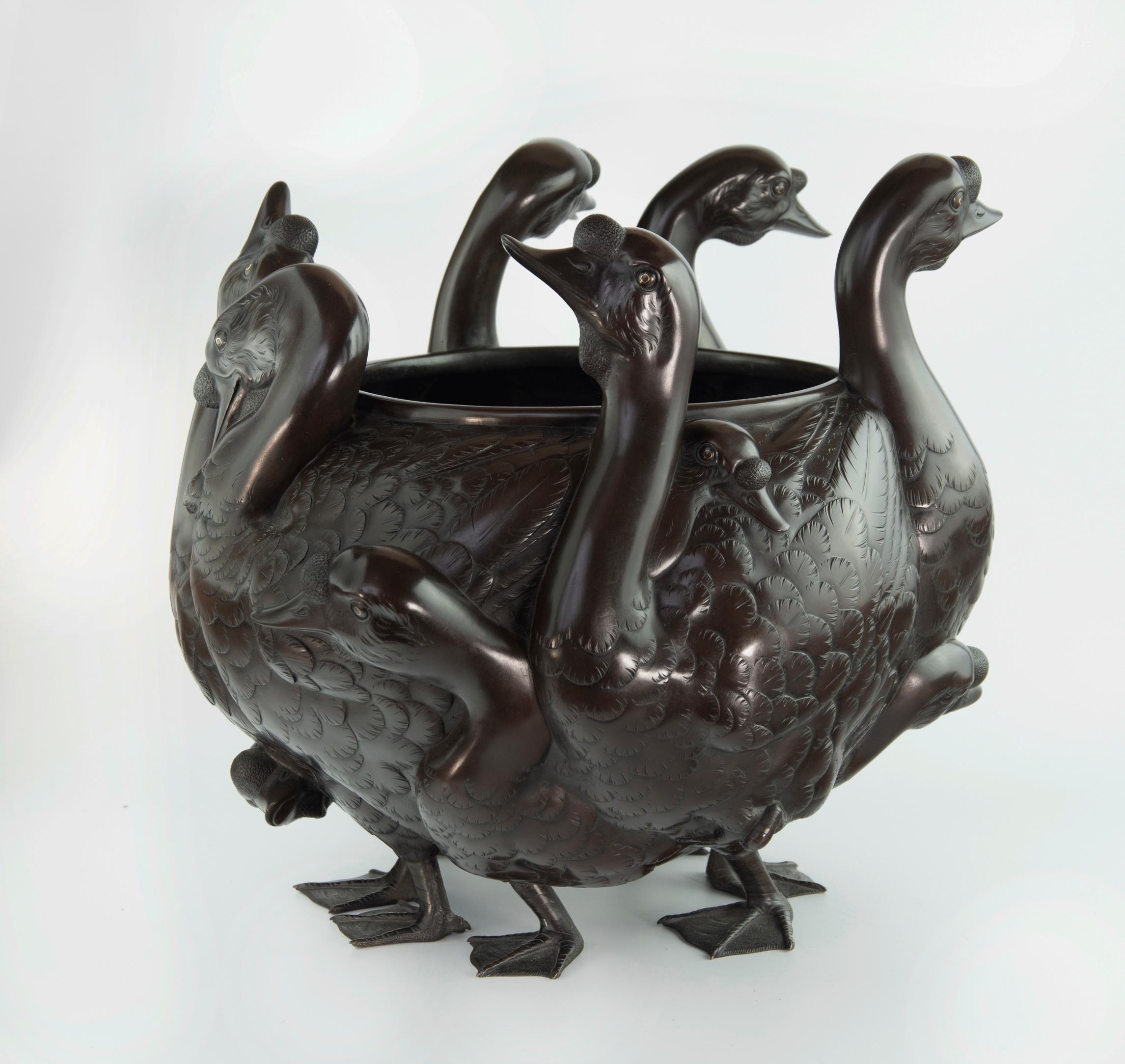 Meiji Captivating Japanese Bronze Goose Jardiniere by Seiya For Sale
