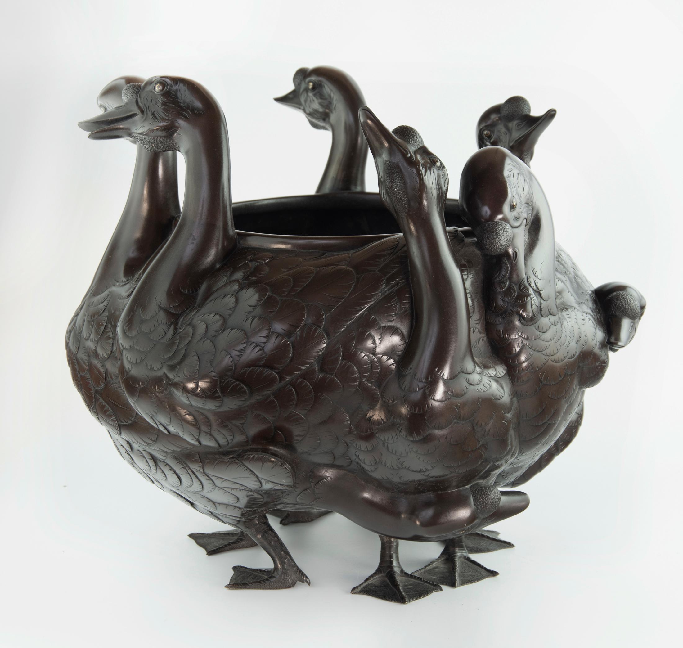 19th Century Captivating Japanese Bronze Goose Jardiniere by Seiya For Sale