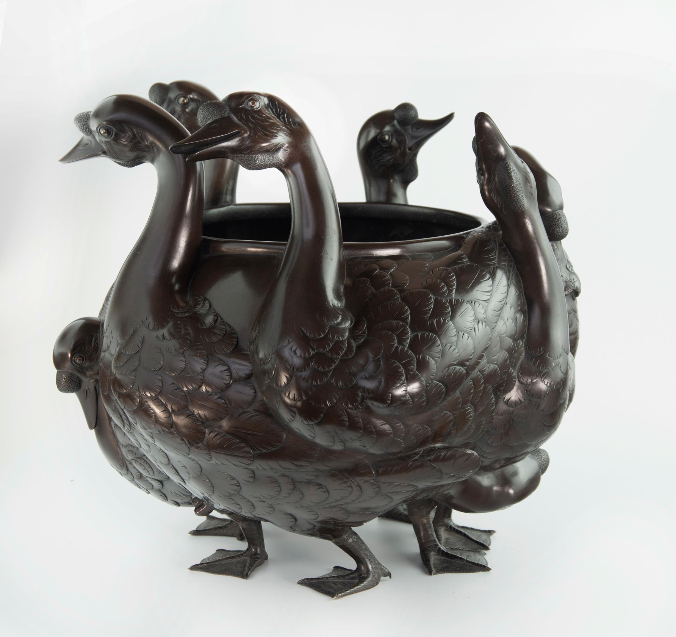 Captivating Japanese Bronze Goose Jardiniere by Seiya For Sale 1