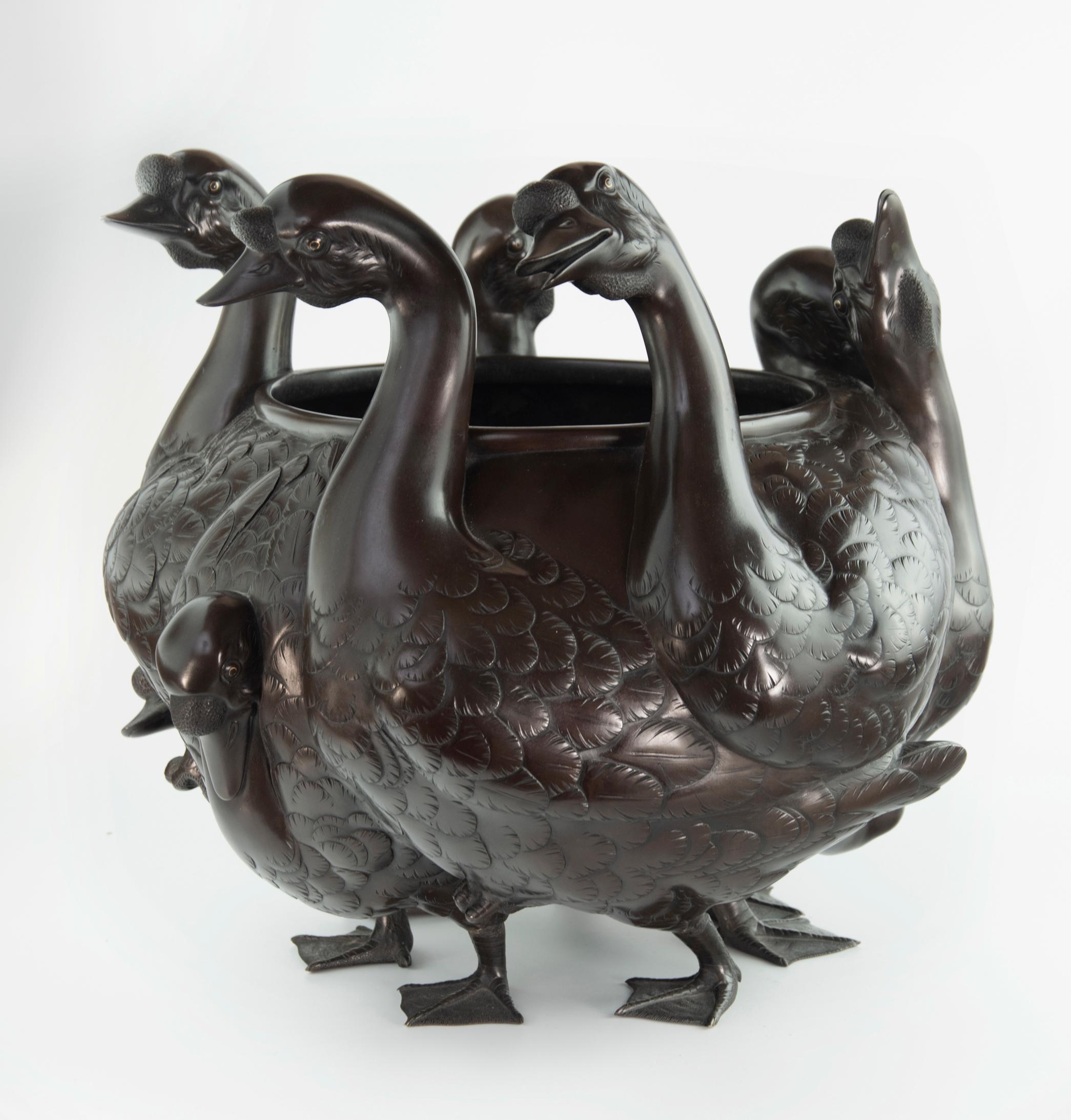 Captivating Japanese Bronze Goose Jardiniere by Seiya For Sale 2