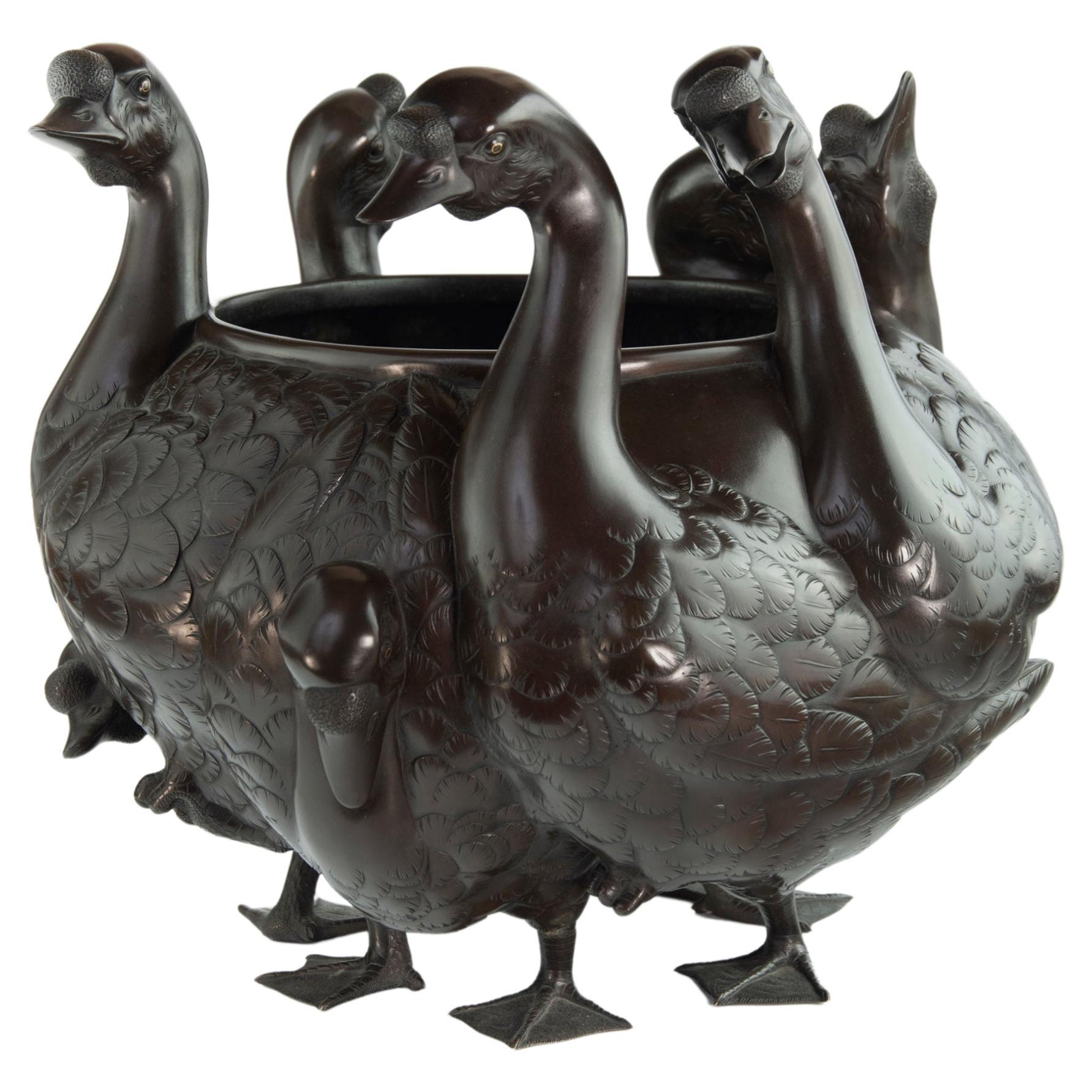 Captivating Japanese Bronze Goose Jardiniere by Seiya For Sale