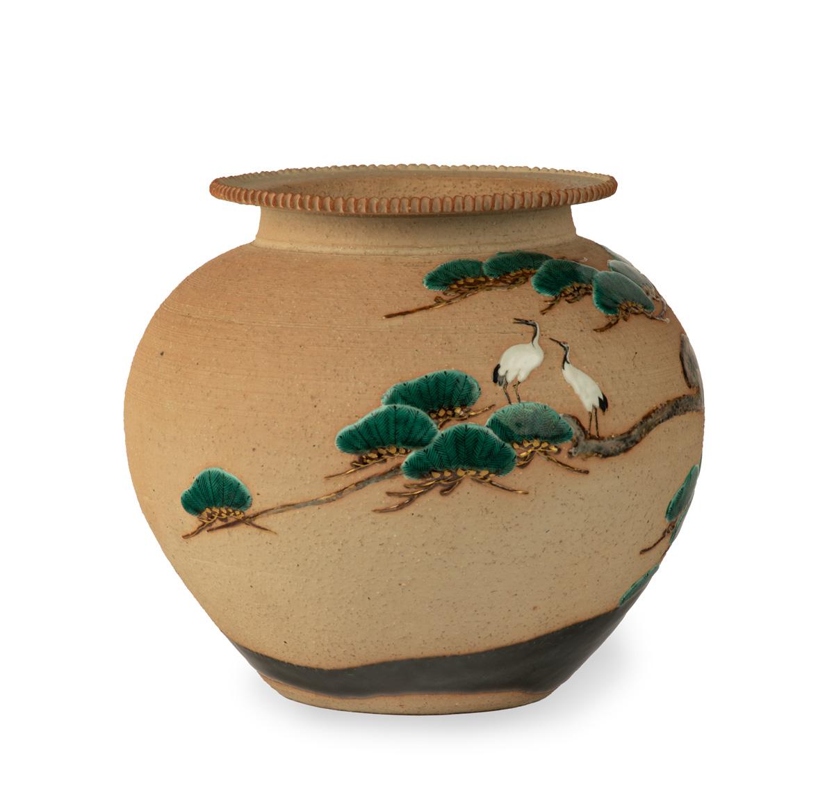 As part of our Japanese works of art collection we are delighted to offer this most captivating Late Meiji (1868-1912) early Taisho period (1912-1926 ),globular stoneware vessel stemming from the highly regarded Imperial studios of Miyagawa Makuzu