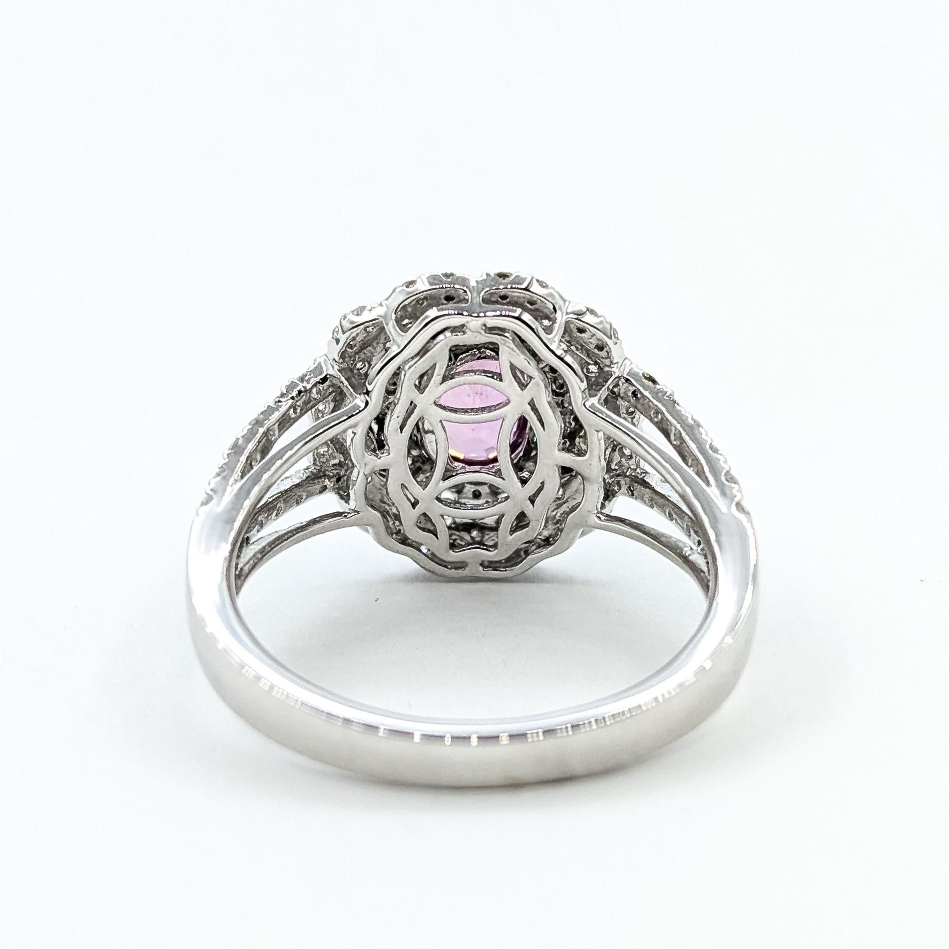 Captivante bague à double halo en saphir rose et diamant en platine en vente 2