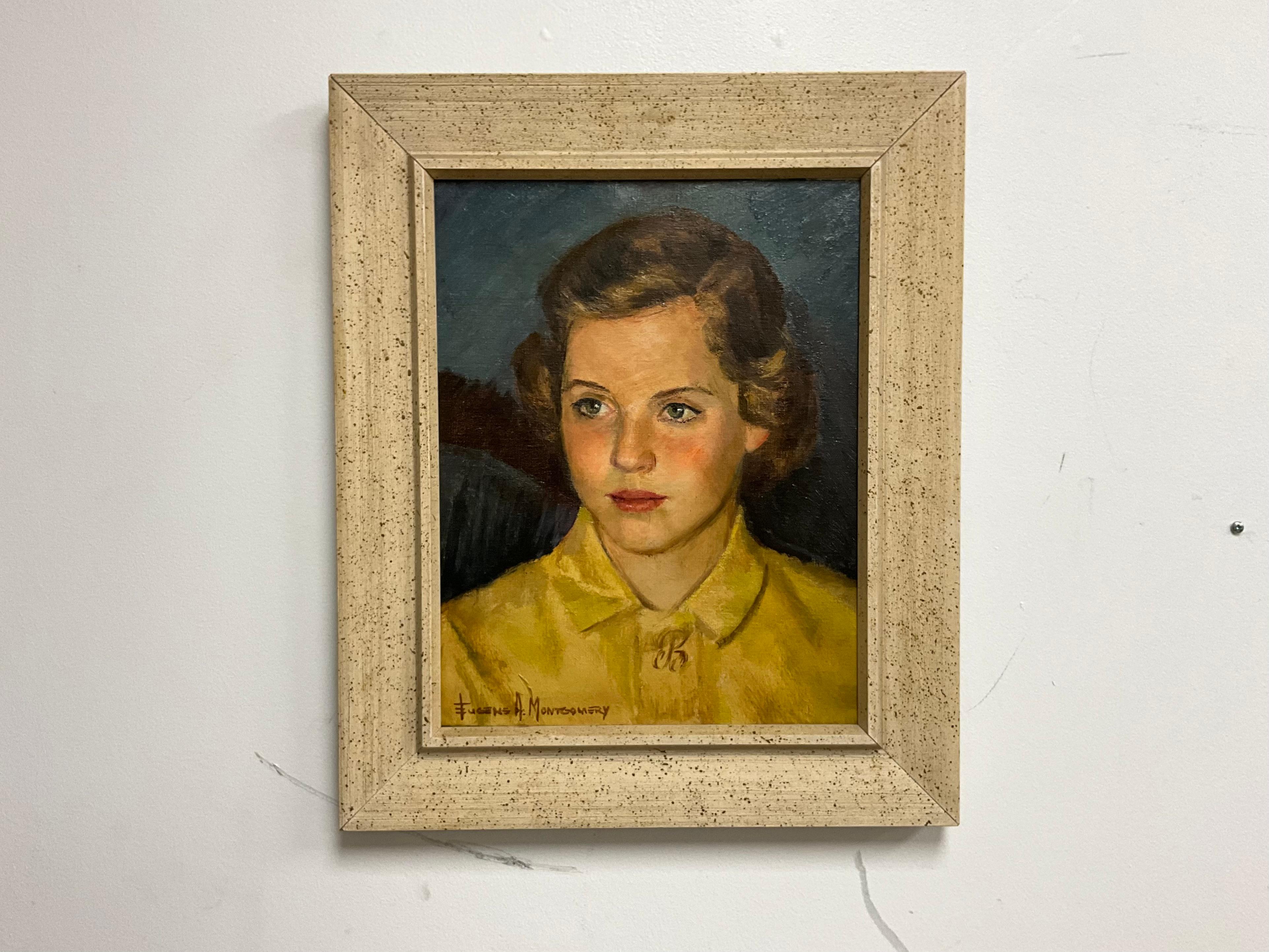 Hand-Painted Captivating Portrait: Eugene Montgomery's 1950s Oil Painting of a Young Girl on For Sale