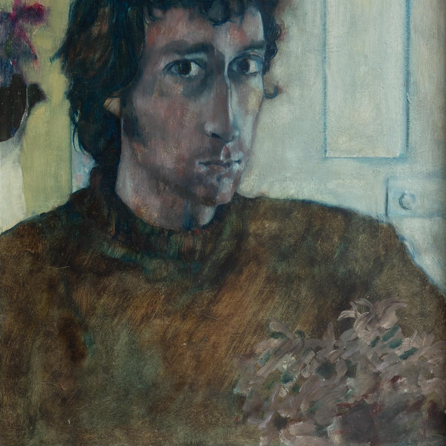 Fatto a mano Accattivante Ritratto di uomo davanti a una porta, dipinto a olio originale d'epoca, anni '70 in vendita