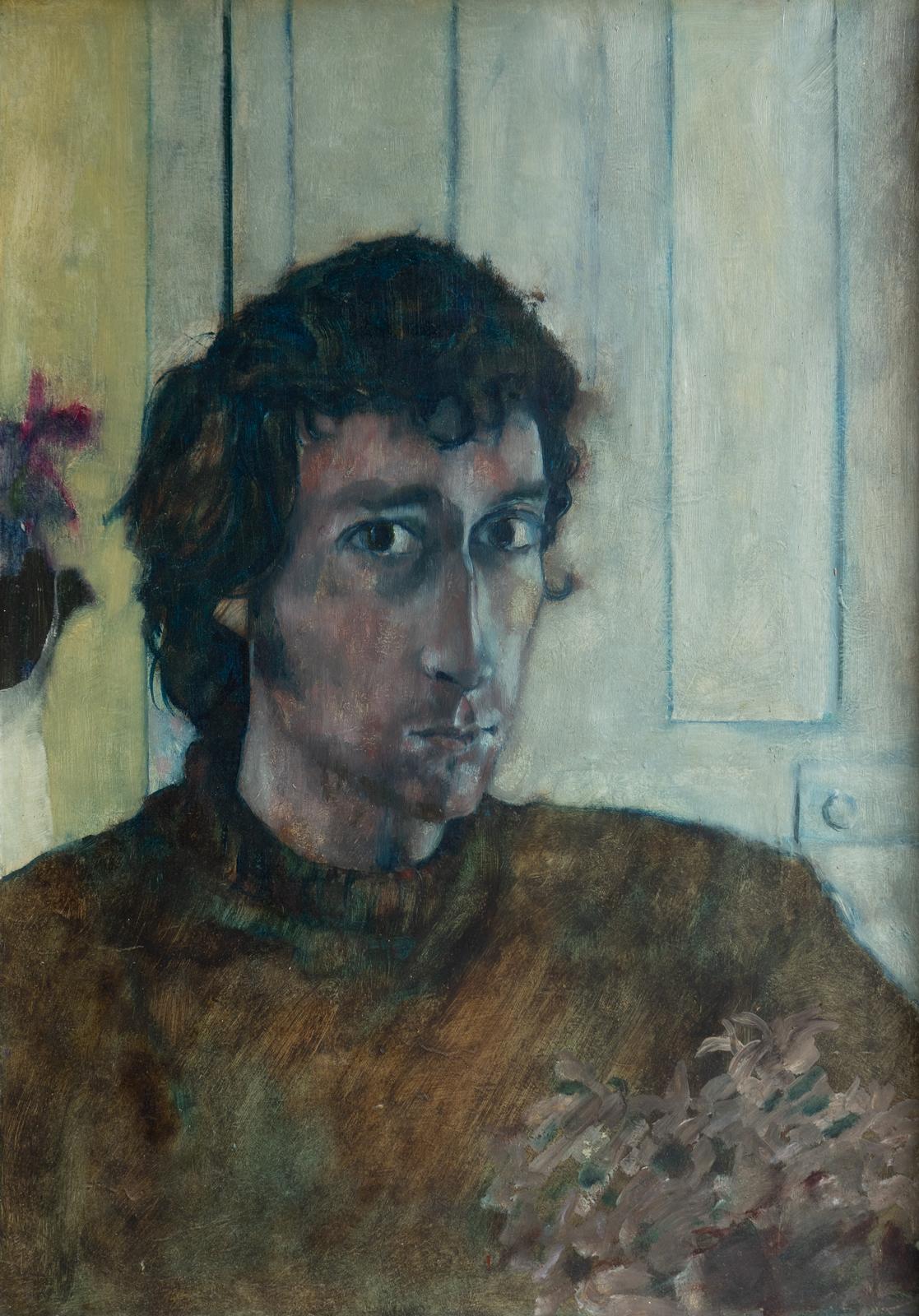 Fine XX secolo Accattivante Ritratto di uomo davanti a una porta, dipinto a olio originale d'epoca, anni '70 in vendita