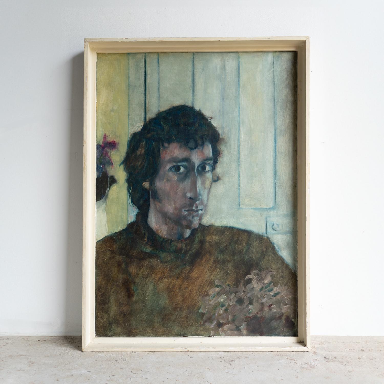 Legno Accattivante Ritratto di uomo davanti a una porta, dipinto a olio originale d'epoca, anni '70 in vendita