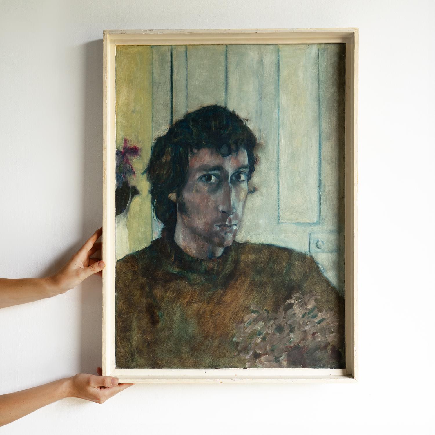 Accattivante Ritratto di uomo davanti a una porta, dipinto a olio originale d'epoca, anni '70 in vendita 1