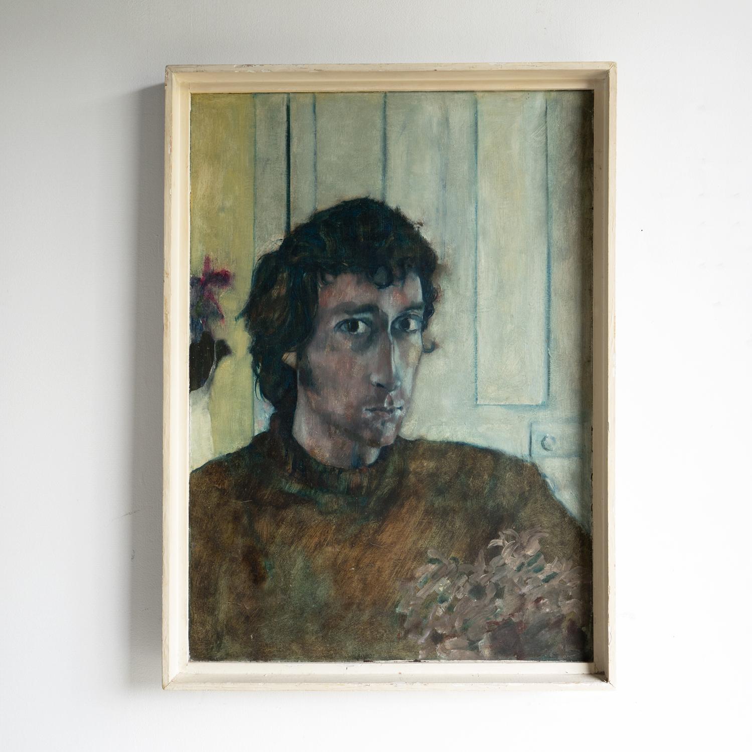 Accattivante Ritratto di uomo davanti a una porta, dipinto a olio originale d'epoca, anni '70 in vendita 2