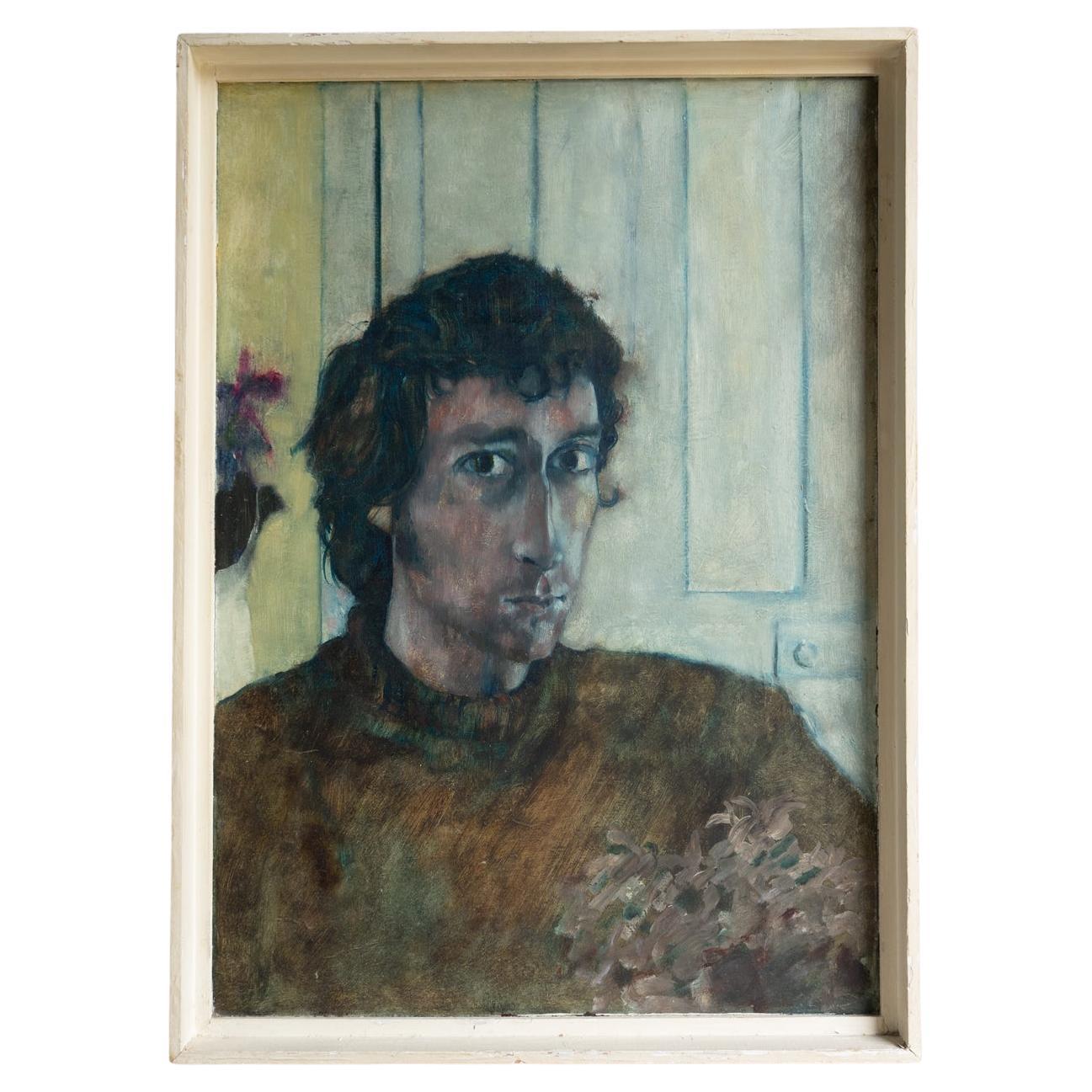 Accattivante Ritratto di uomo davanti a una porta, dipinto a olio originale d'epoca, anni '70 in vendita
