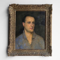 Captivating Portrait Of A Man In An Open Shirt, Original Antique Oil Painting