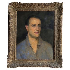 Fesselndes Porträt eines Mannes mit offenem Hemd, original antikes Ölgemälde