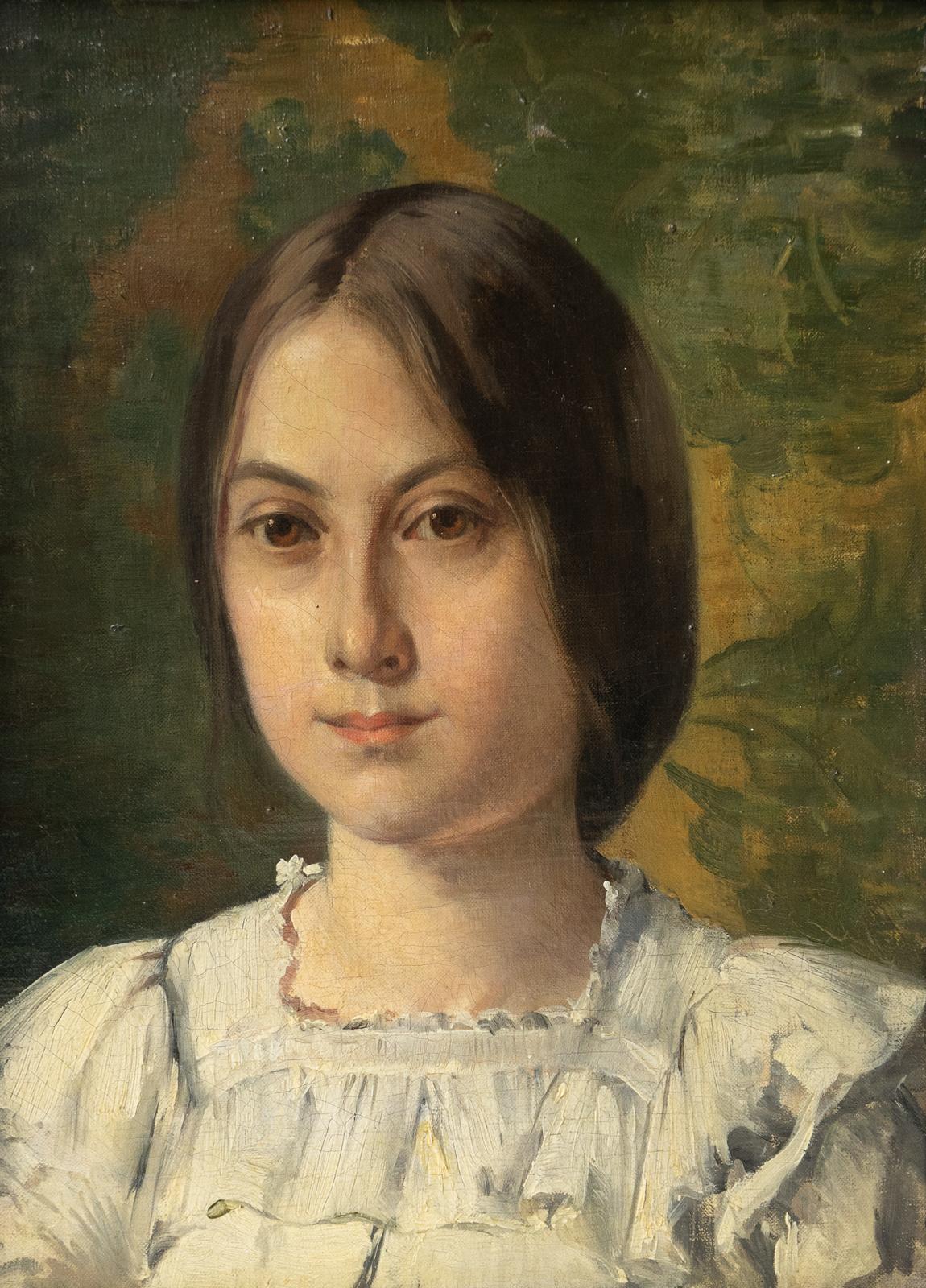 20th Century Captivating Portrait of a Young Woman, Antique Original Oil Painting For Sale
