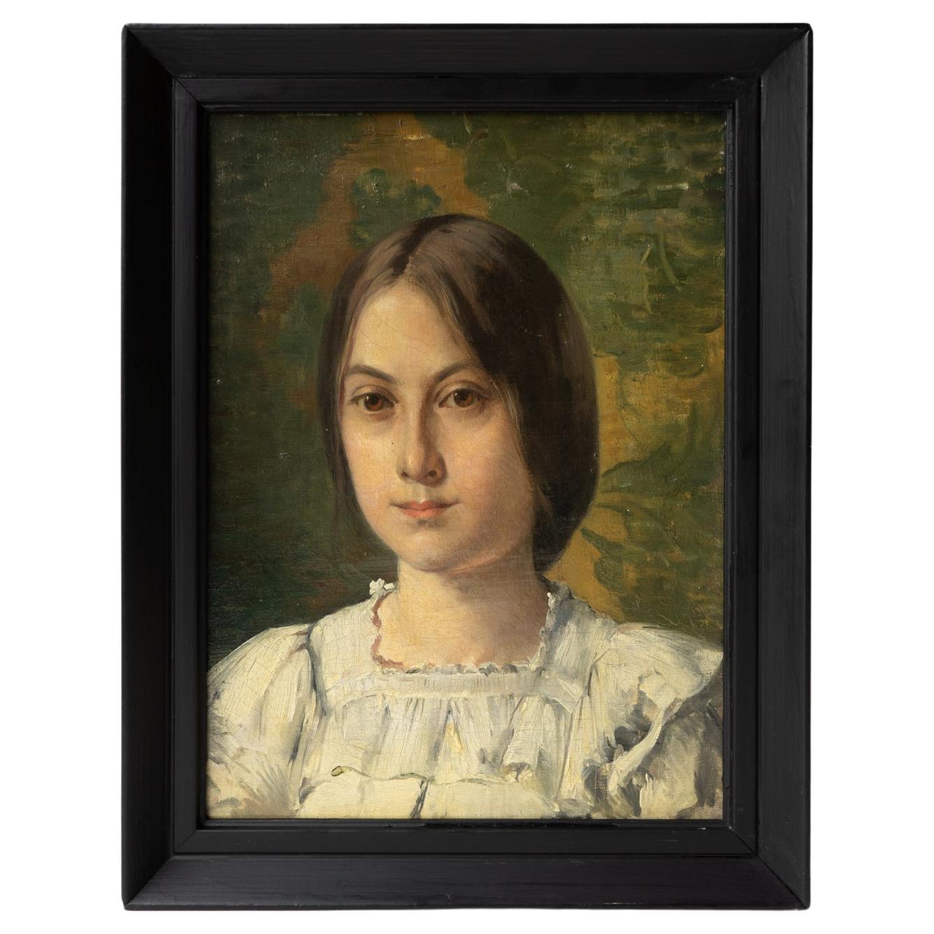 Captivating Portrait of a Young Woman, Antique Original Oil Painting For Sale