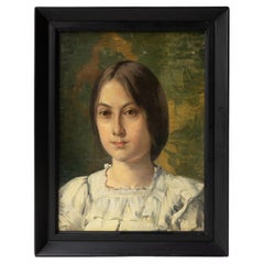 Captivating Portrait of a Young Woman, Antique Original Oil Painting