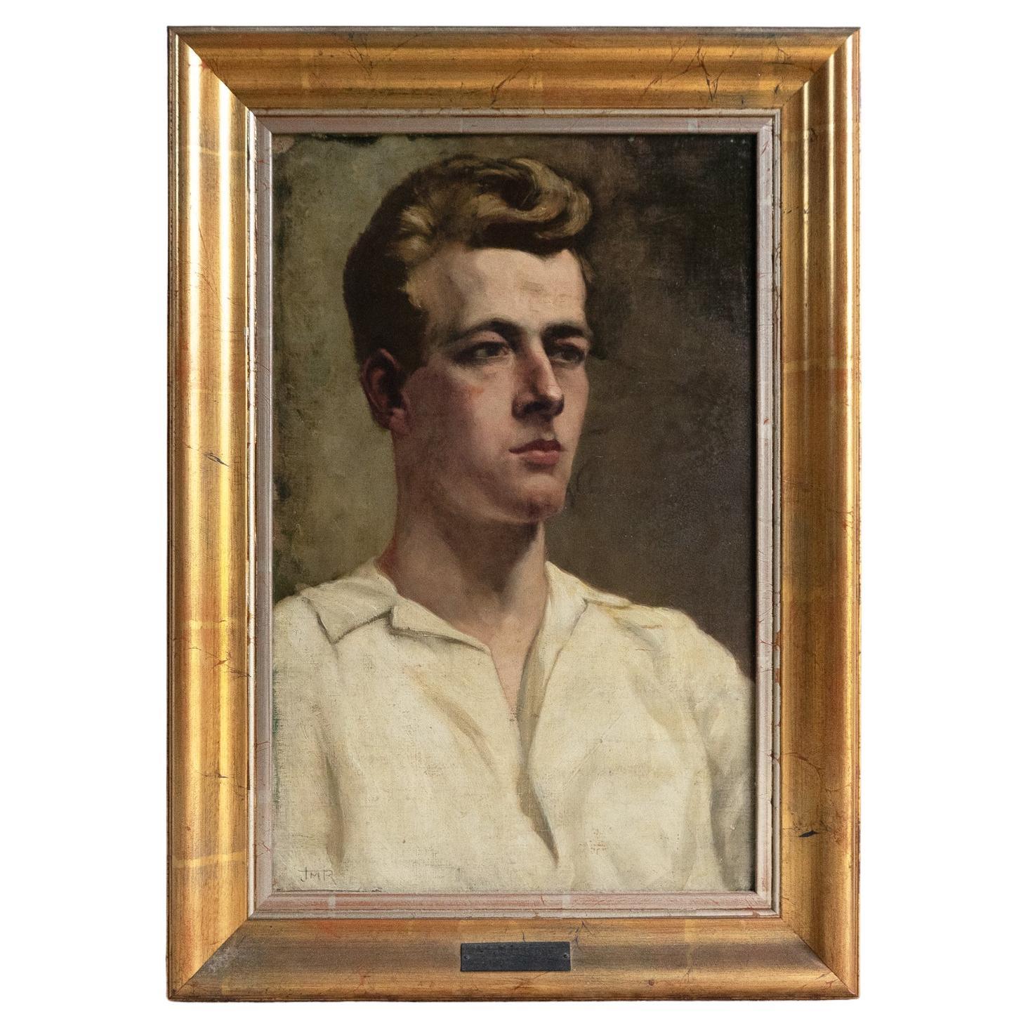 Accattivante ritratto di uomo in camicia bianca, pittura a olio originale d
epoca, anni 
30 in vendita
