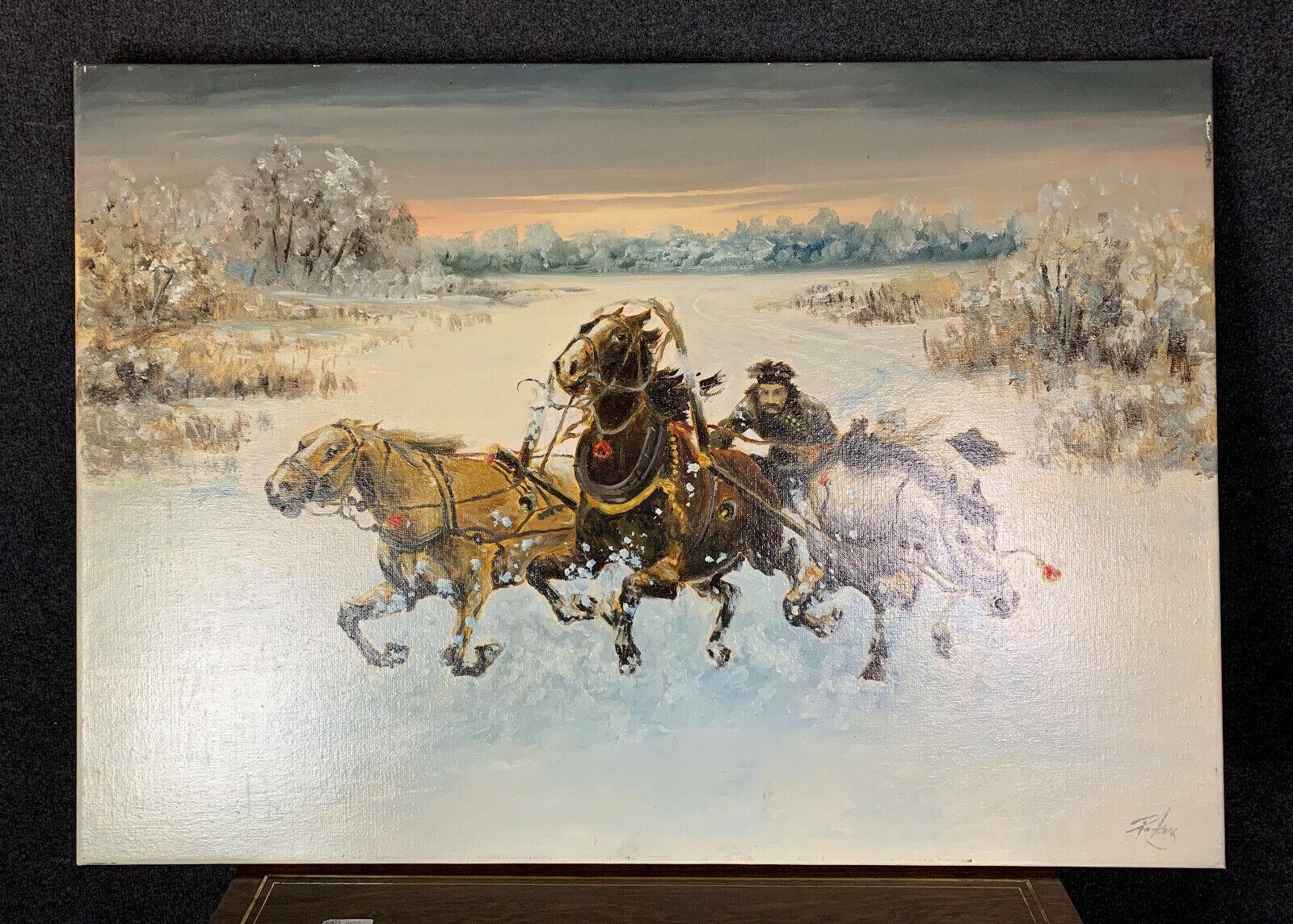 Bezauberndes russisches Kunstwerk des späten 19. Jahrhunderts: „Winter Ride“ -1X10 (Geölt) im Angebot