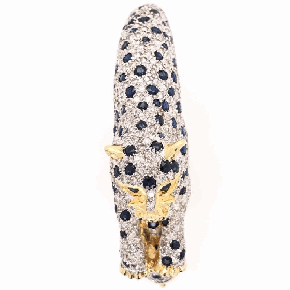 Modernist Captivating Sapphire and Diamond Gold Panther Bracelet Fine Estate Jewelry