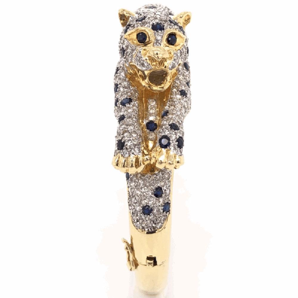 Women's or Men's Captivating Sapphire and Diamond Gold Panther Bracelet Fine Estate Jewelry