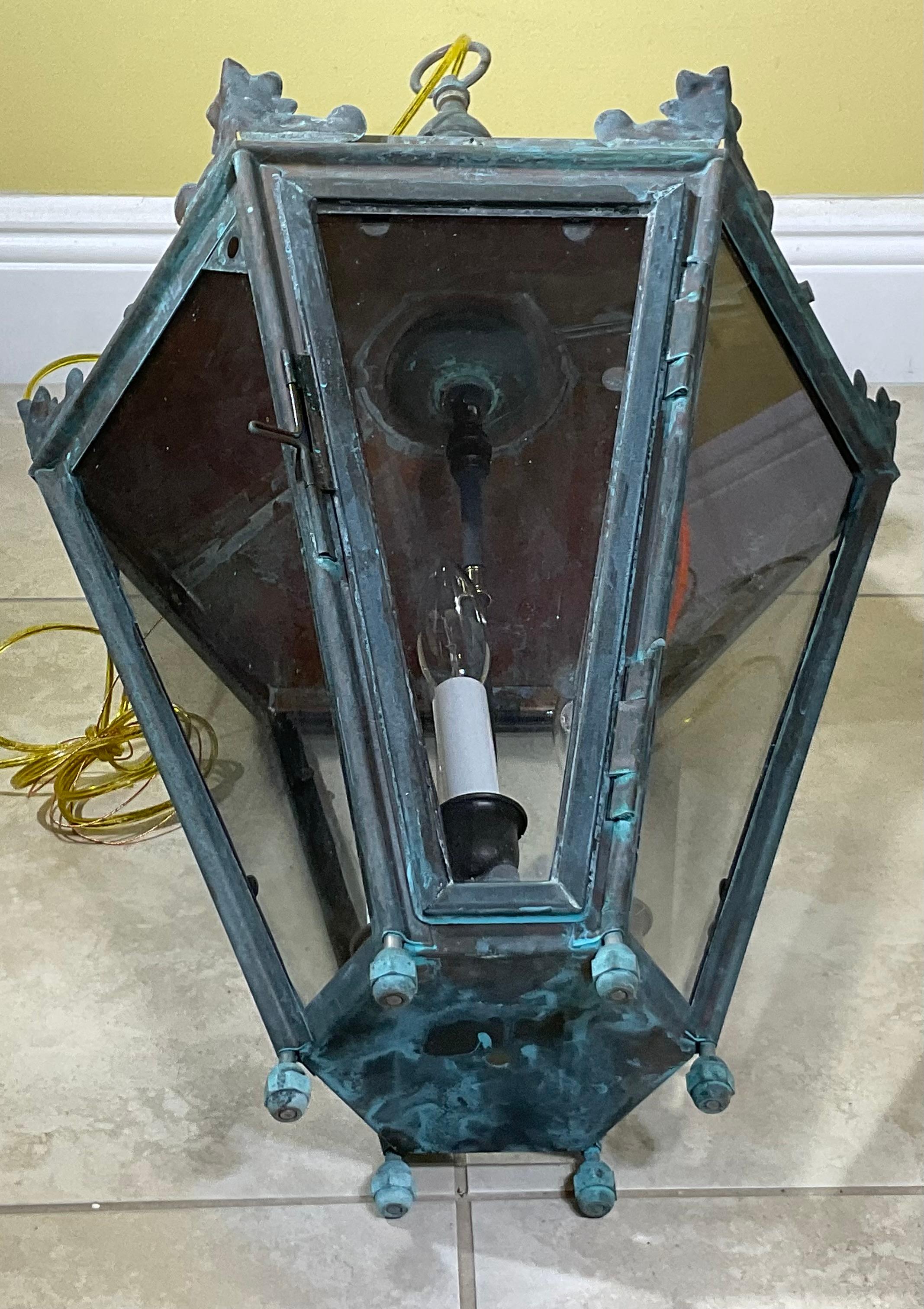 Captivating Vintage Brass & Copper Hanging Lantern with Canopy & Chain 29”x16”.5 For Sale 4