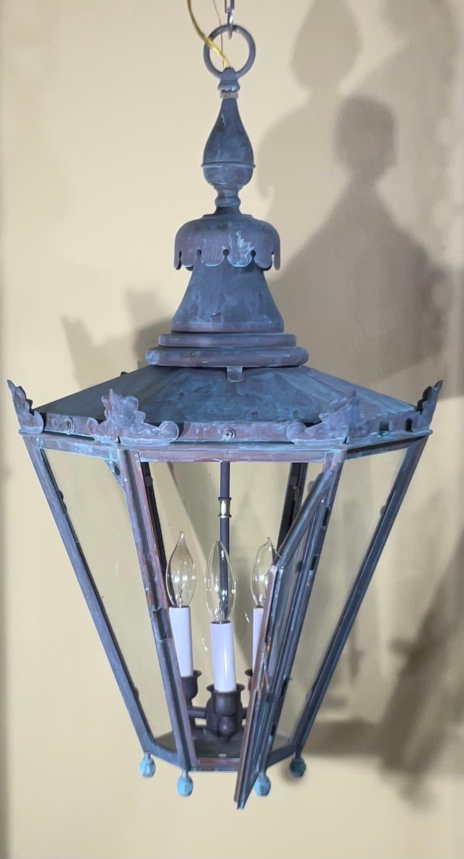 Captivating Vintage Brass & Copper Hanging Lantern with Canopy & Chain 29”x16”.5 For Sale 5