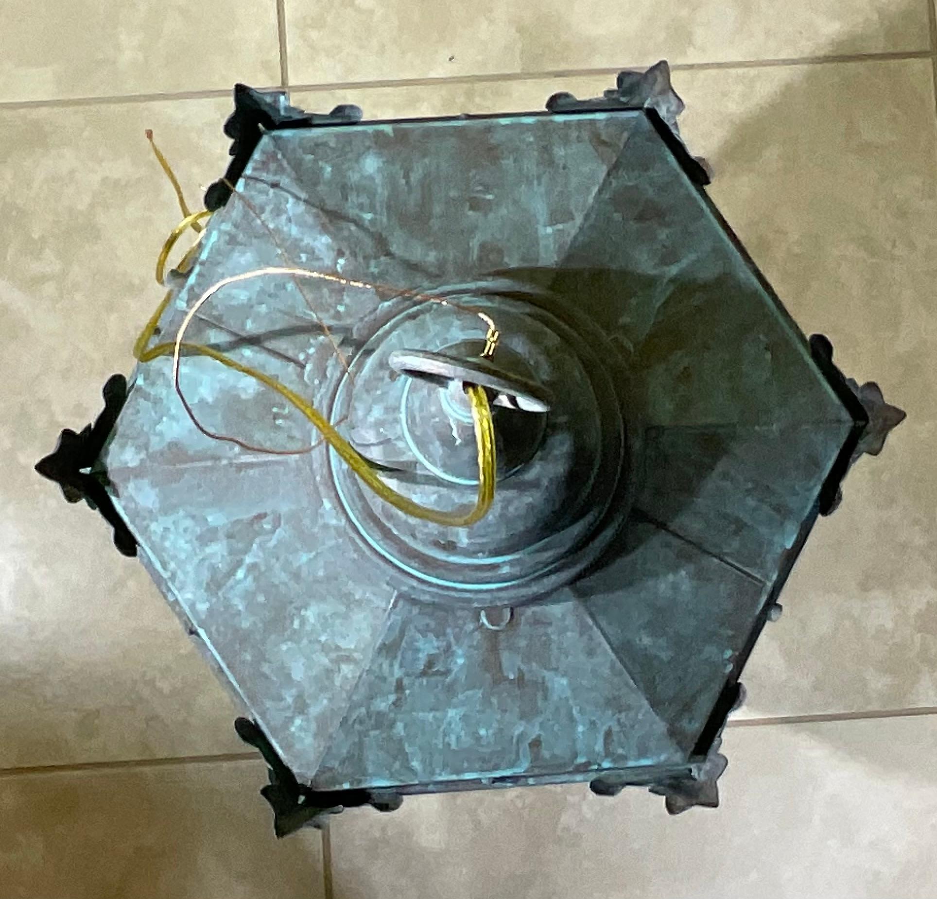 Captivating Vintage Brass & Copper Hanging Lantern with Canopy & Chain 29”x16”.5 For Sale 6