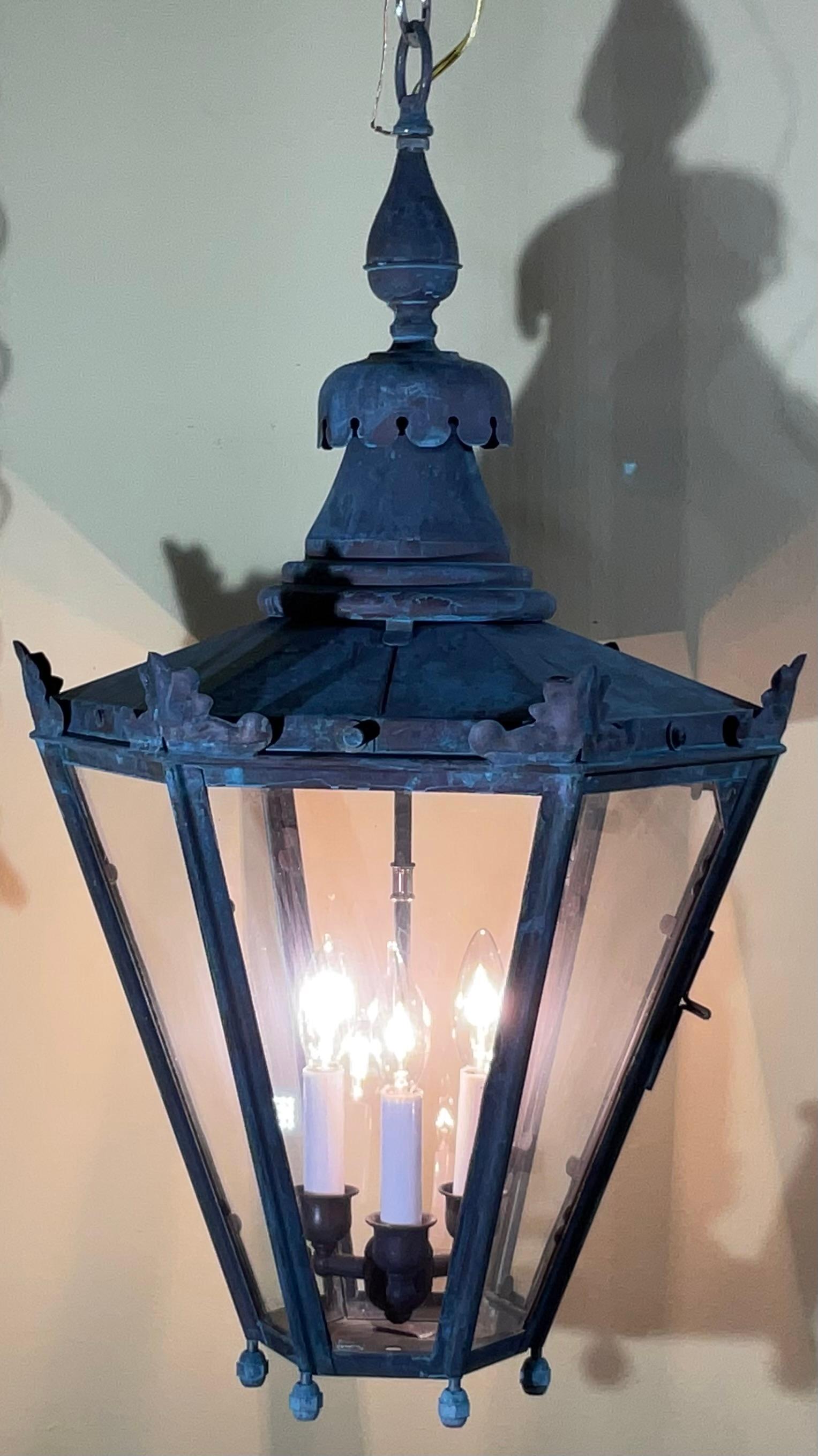 American Captivating Vintage Brass & Copper Hanging Lantern with Canopy & Chain 29”x16”.5 For Sale