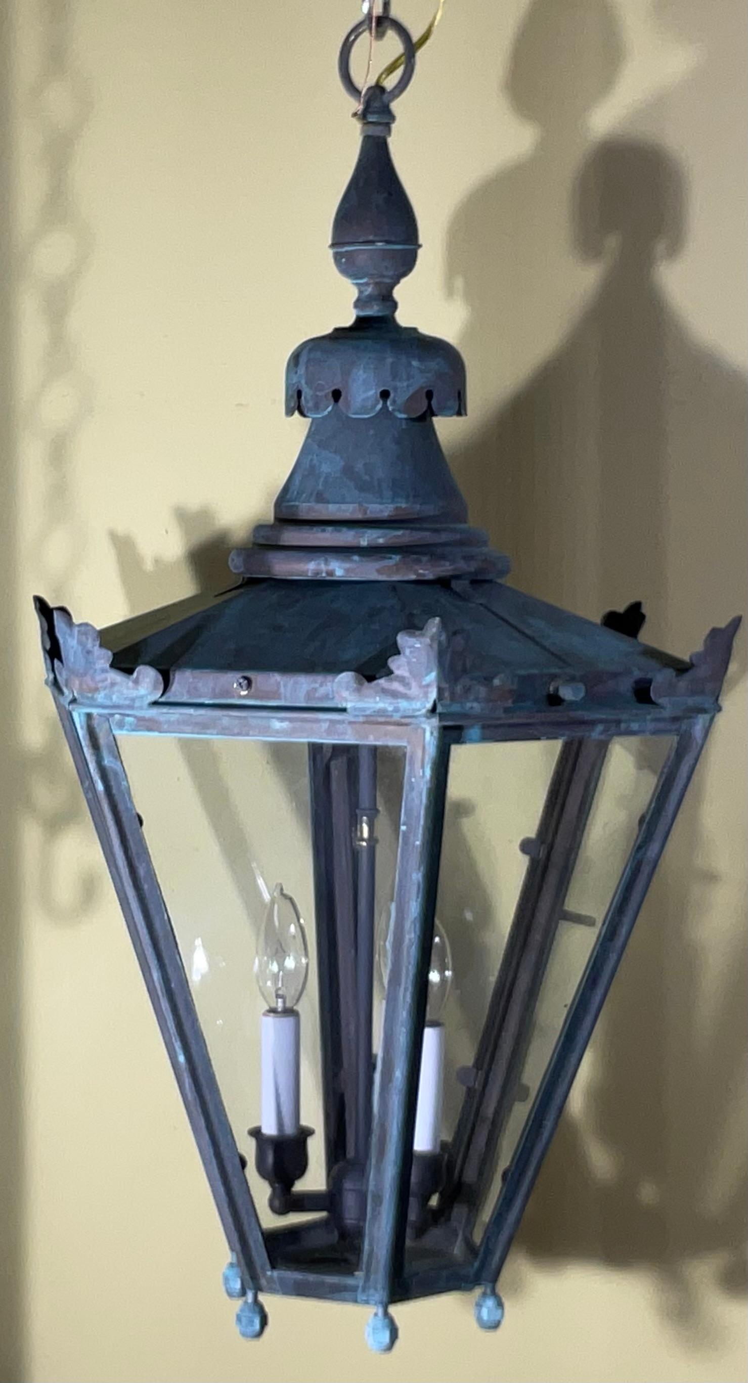 Captivating Vintage Brass & Copper Hanging Lantern with Canopy & Chain 29”x16”.5 In Good Condition For Sale In Delray Beach, FL