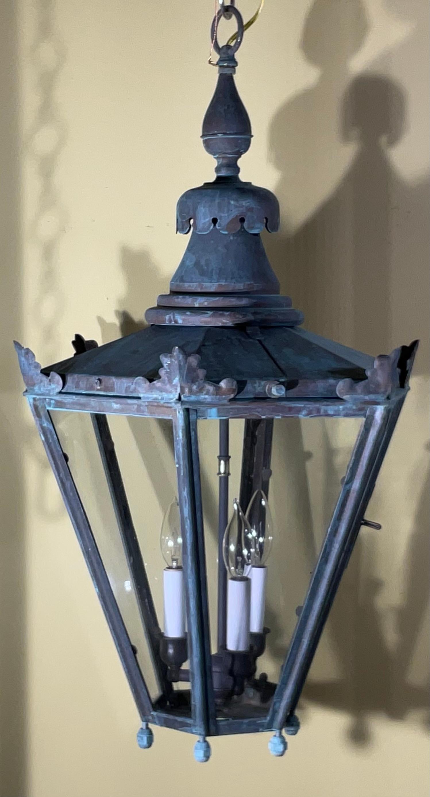 20th Century Captivating Vintage Brass & Copper Hanging Lantern with Canopy & Chain 29”x16”.5 For Sale
