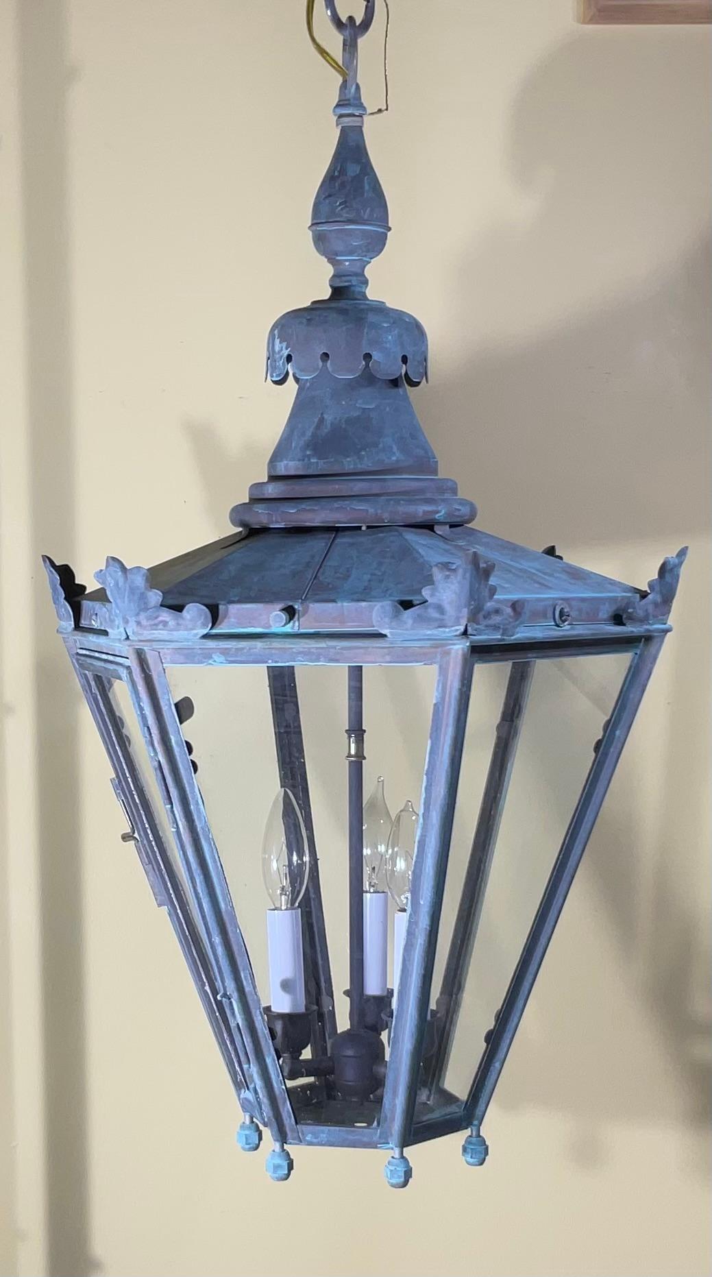 Captivating Vintage Brass & Copper Hanging Lantern with Canopy & Chain 29”x16”.5 For Sale 2