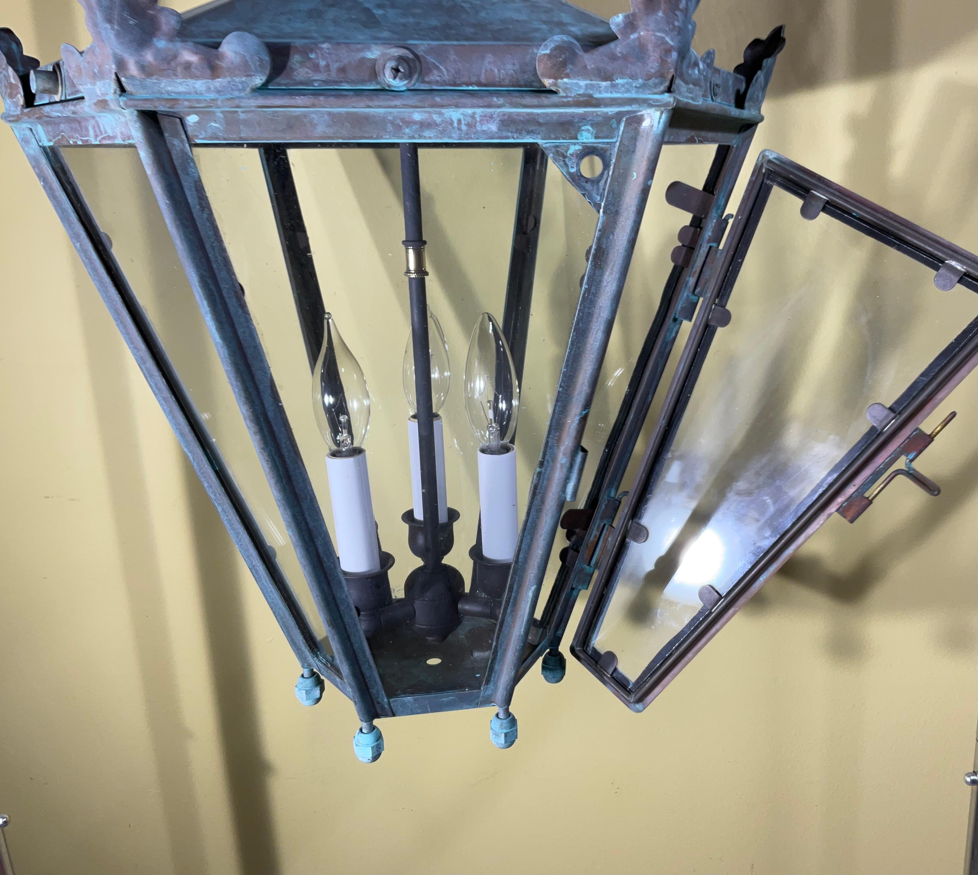 Captivating Vintage Brass & Copper Hanging Lantern with Canopy & Chain 29”x16”.5 For Sale 3