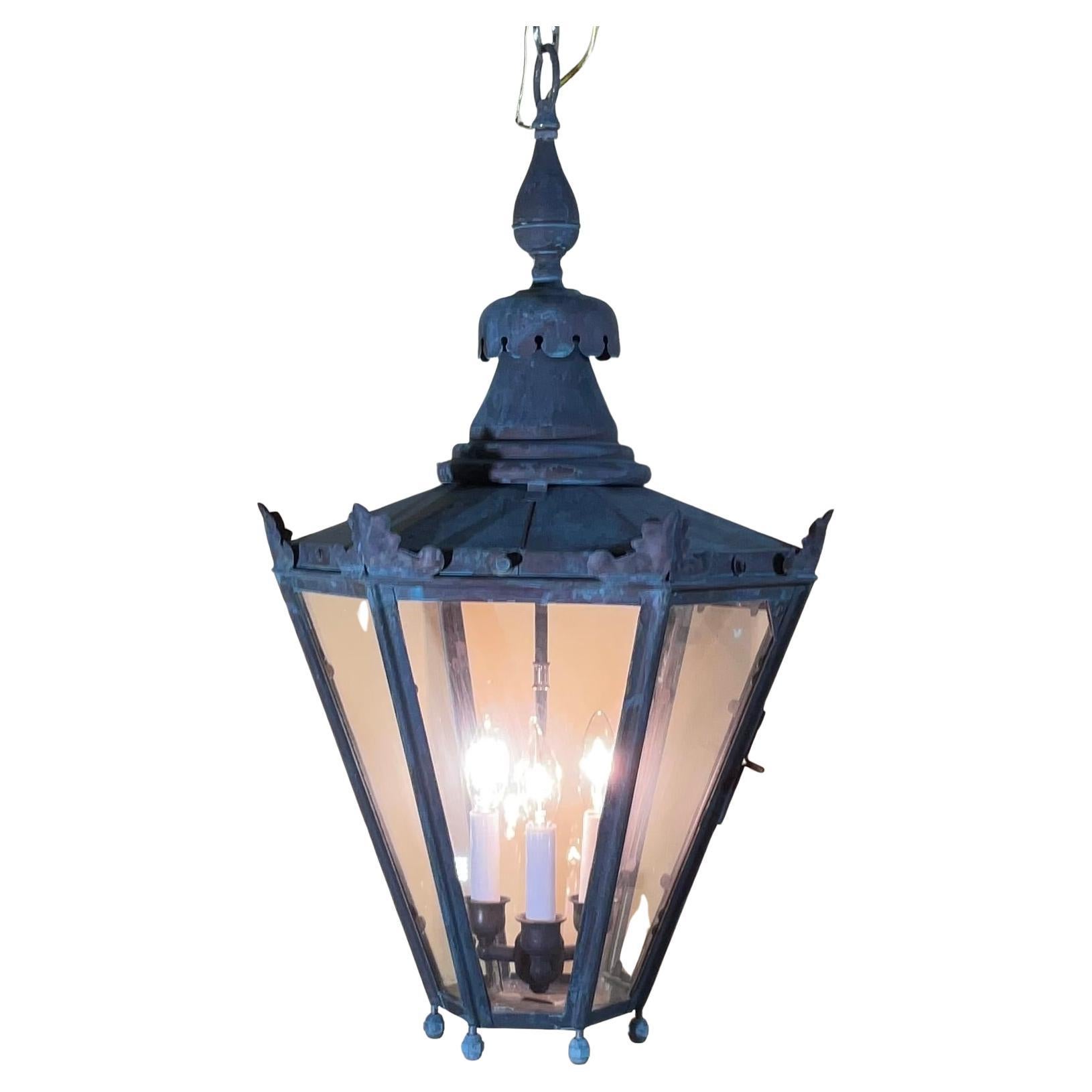 Captivant lanterne suspendue vintage en laiton et cuivre avec auvent et chaîne 29x16,5