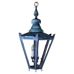 Captivating Vintage Brass & Copper Hanging Lantern with Canopy & Chain 29”x16”.5