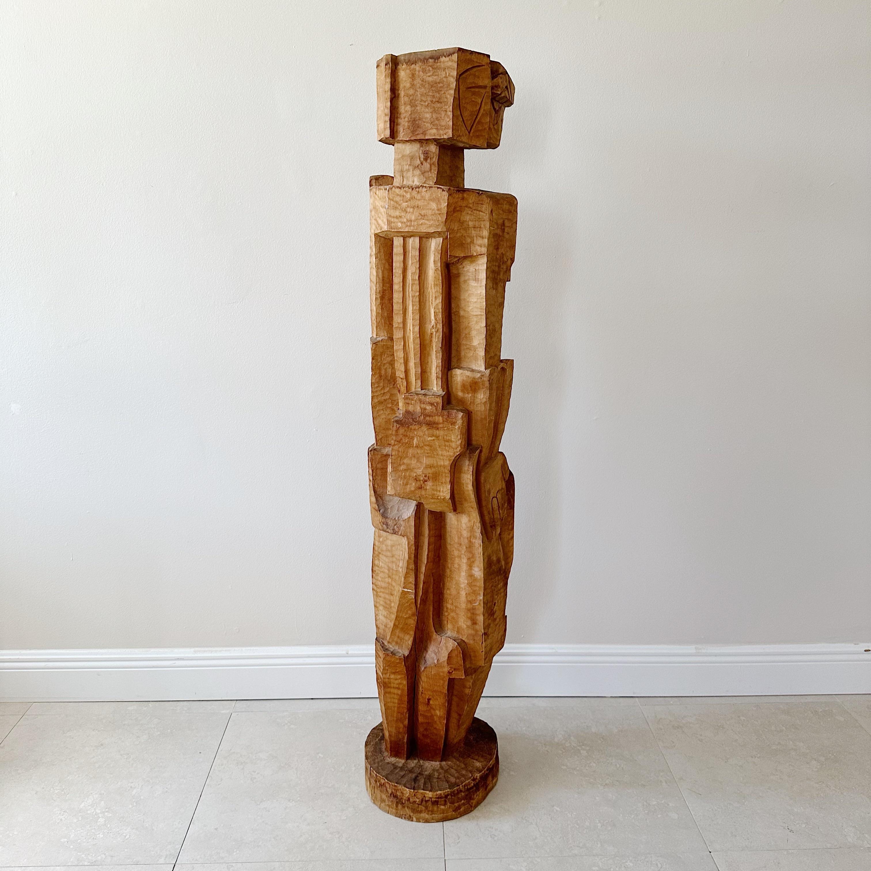 Late 20th Century Captivating Vintage Cubist Wood Sculpture with Figural Design For Sale