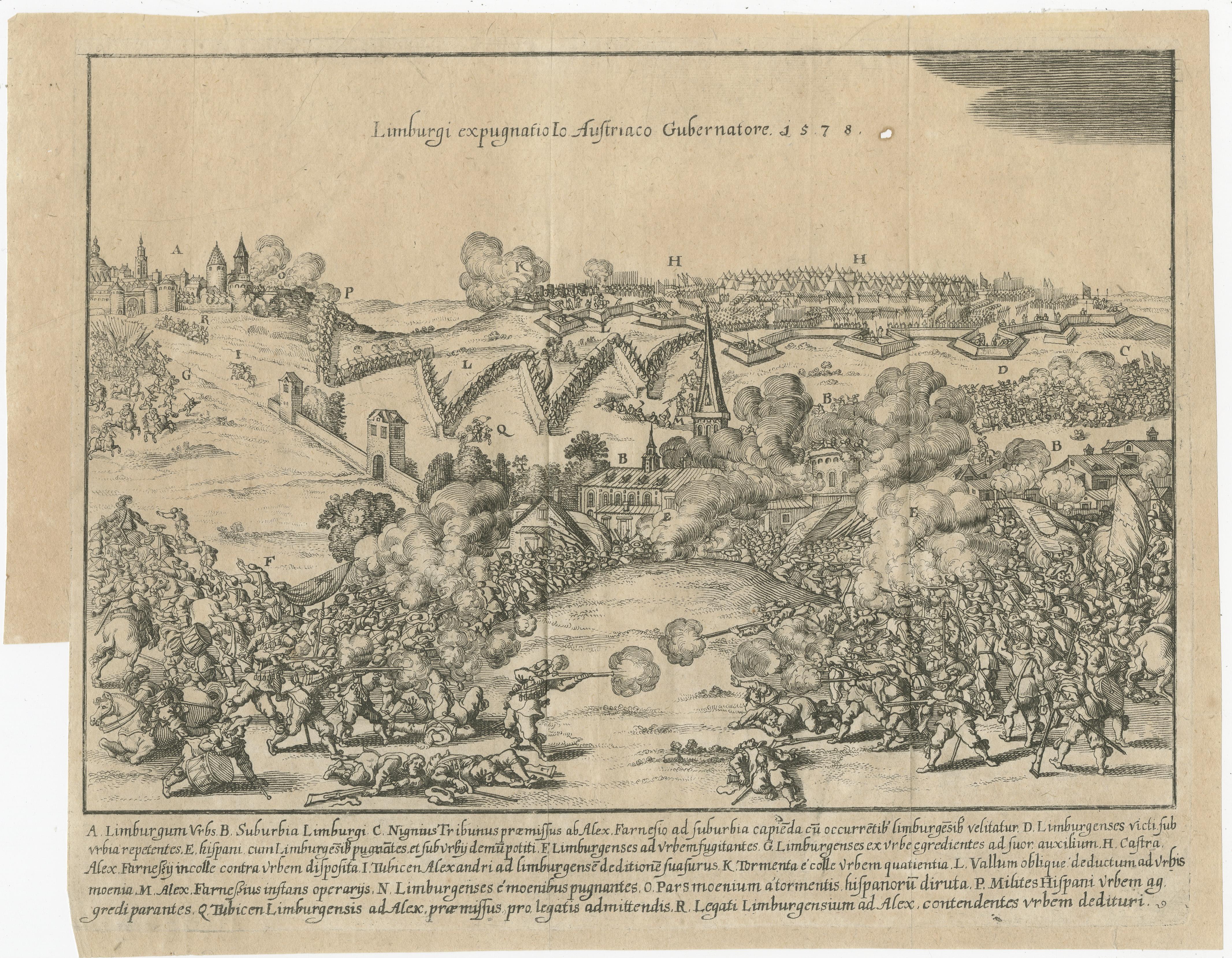 This engraving illustrates the capture of Limburg by Spanish forces under the command of Alexander Farnese, Duke of Parma, in 1578 during the Eighty Years' War. The scene vividly depicts the siege, with intense fighting and explosions at the
