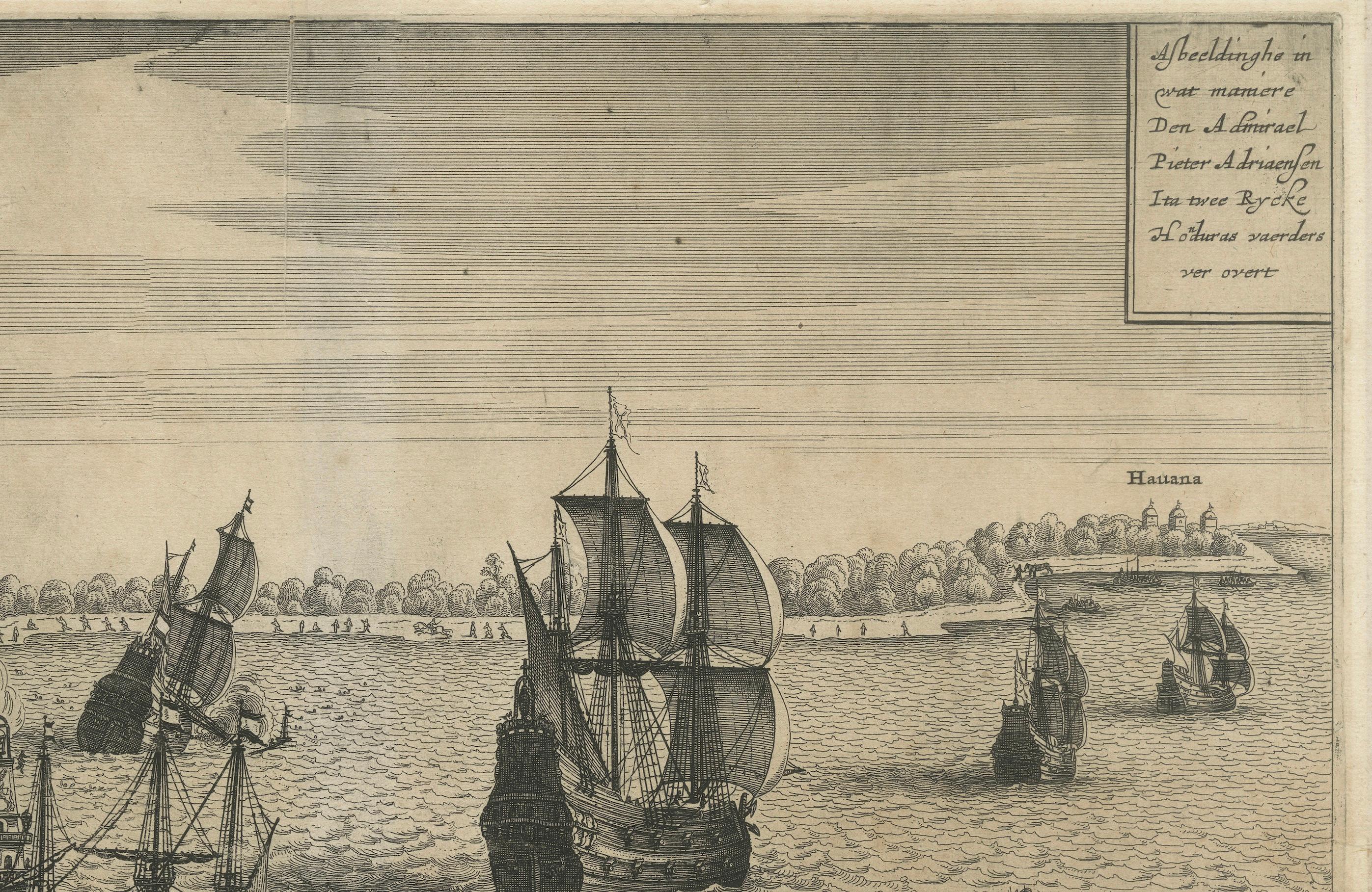 Capture de navires espagnols de la flotte néerlandaise près de Cuba, 1628, dirigée par Pieter Ita Bon état - En vente à Langweer, NL