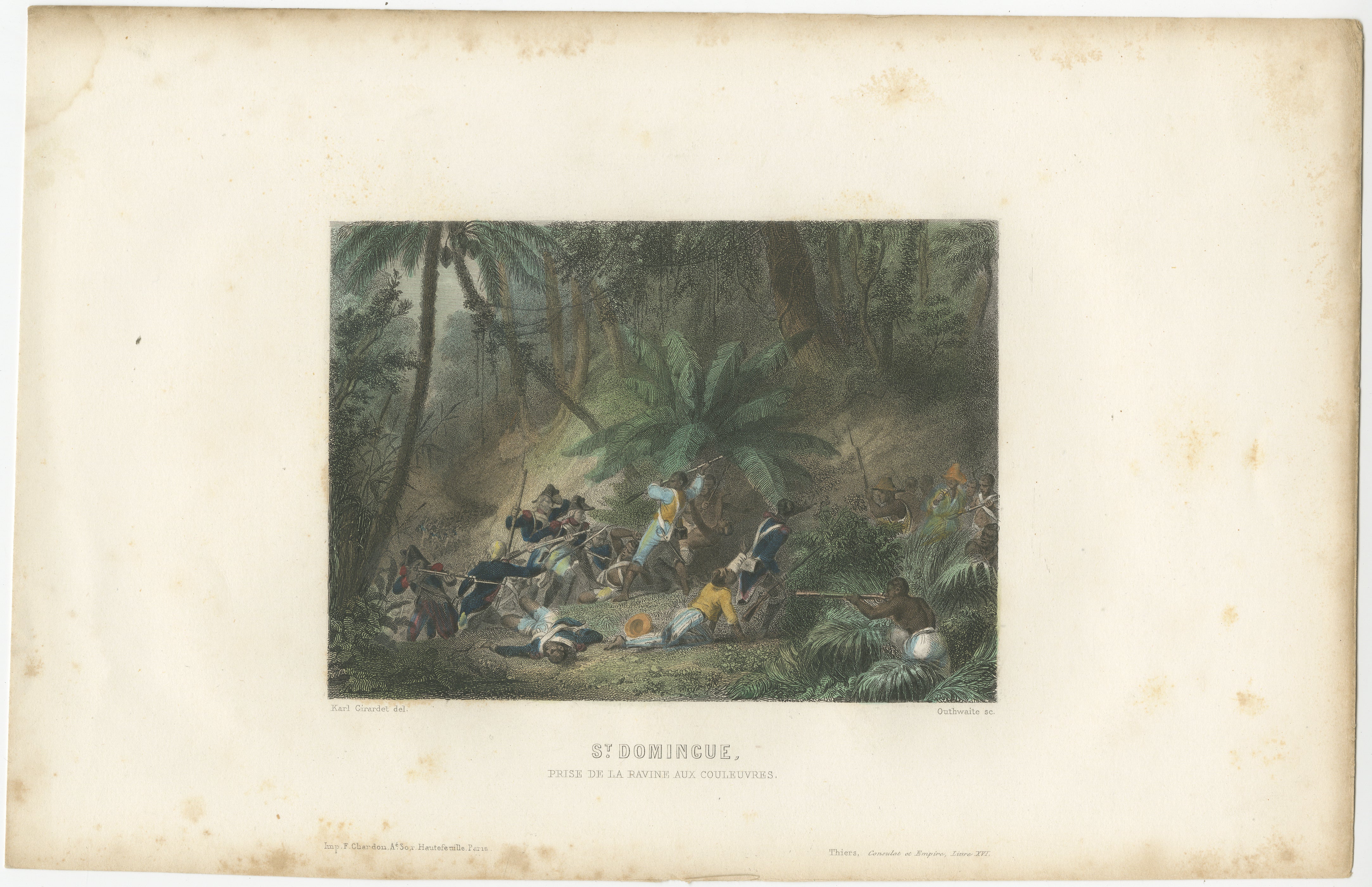 This hand-colored engraving depicts a dramatic battle scene titled 