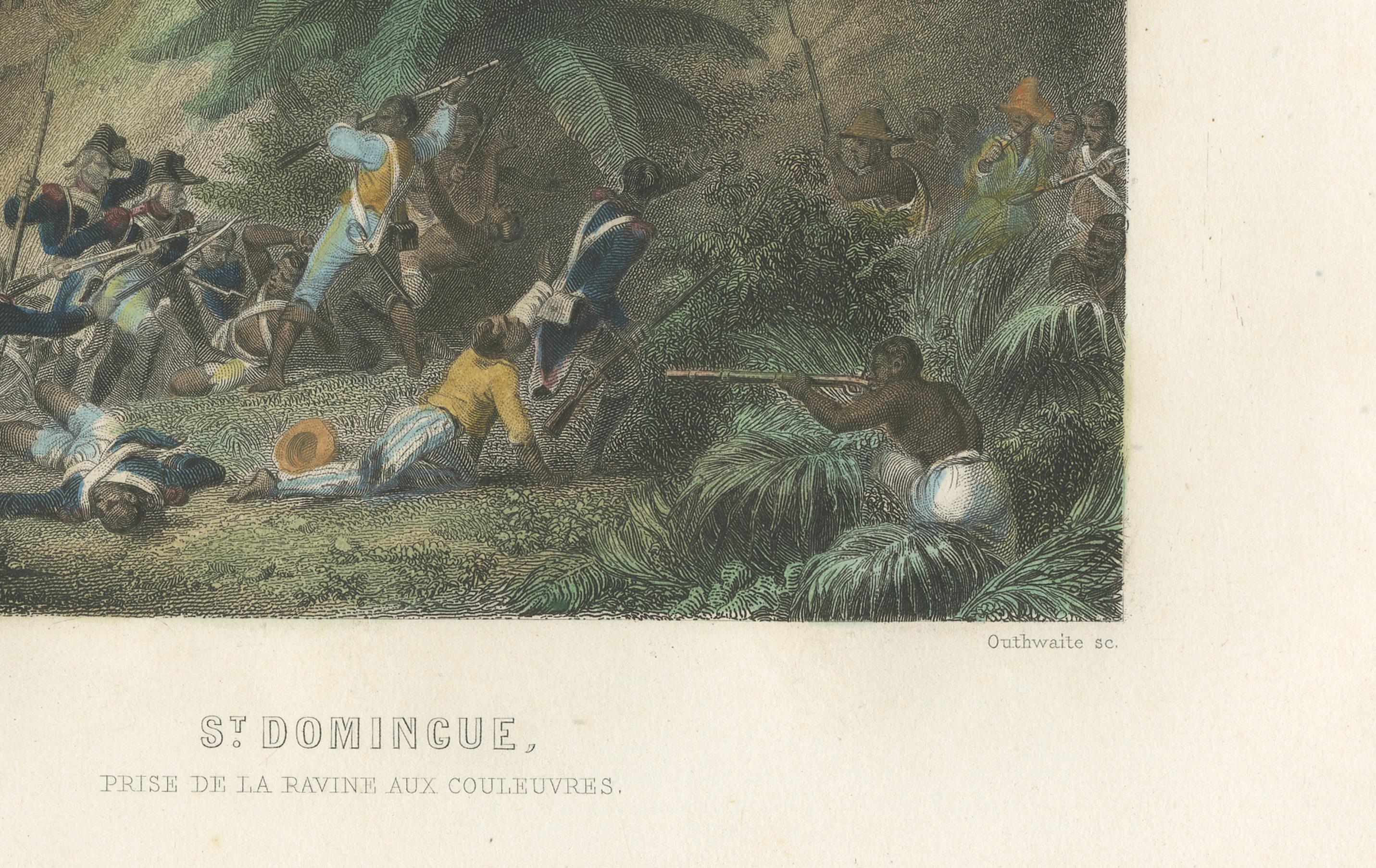 Capture of the Ravine aux Couleuvres in Saint-Domingue: Engraving of circa 1855 In Good Condition For Sale In Langweer, NL