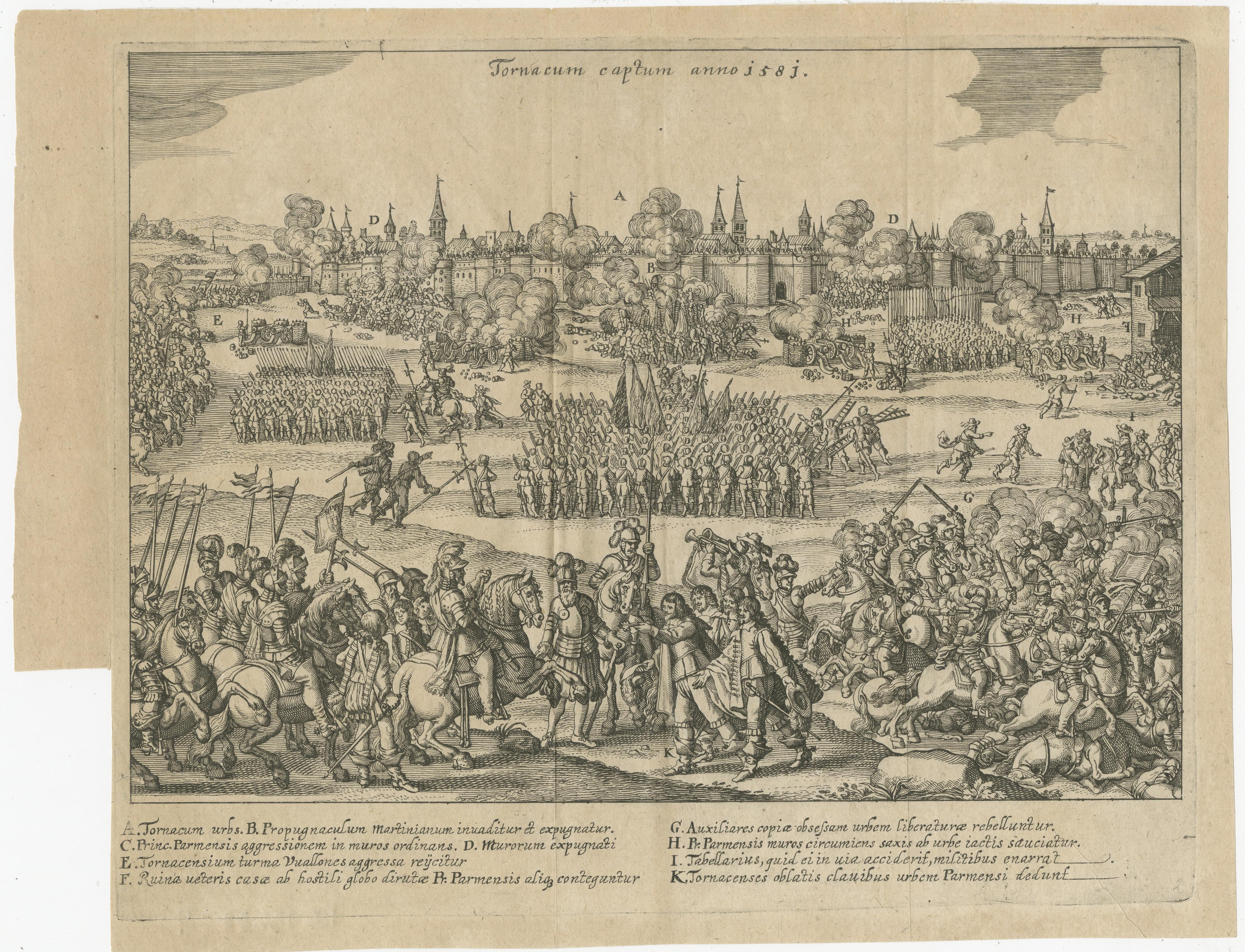 Este detallado grabado representa la toma de Tournai por las fuerzas del duque de Parma en 1581. La escena muestra el asedio y la conquista de la ciudad con minuciosas ilustraciones de formaciones militares, fuego de artillería y soldados en