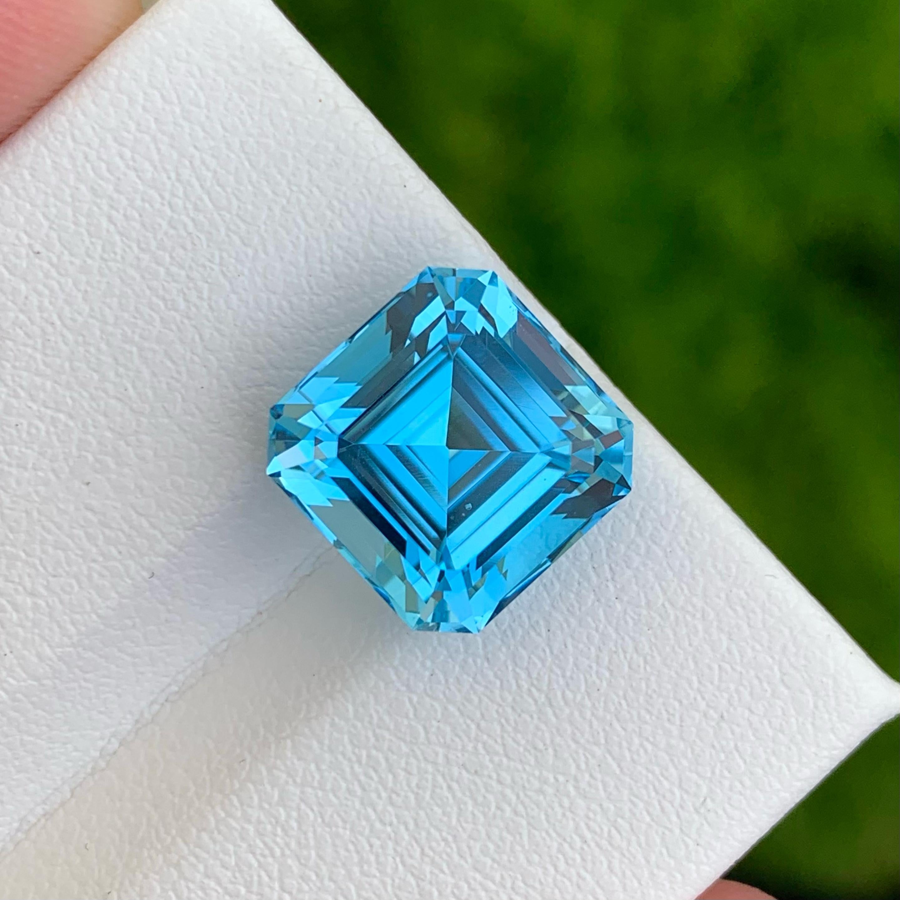 Weight 11.60 carats 
Dimensions 11.9x11.8x9.4 mm
Treatment Irradiated 
Origin Madagascar 
Clarity VVS 
Shape octagon
Cut Asscher 

Swiss Blue Topaz is a versatile gemstone that can be beautifully incorporated into various jewelry pieces. Whether set