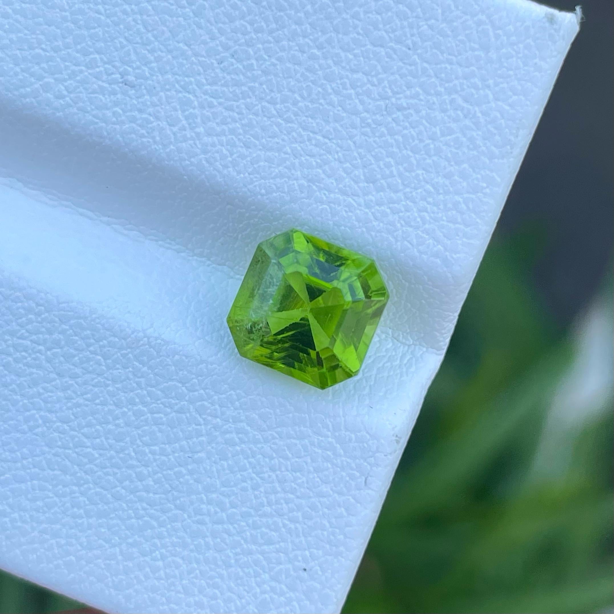 Weight 3.65 carats 
Dimensions 8.1x8.0x6.9 mm 
Treatment None 
Origin Pakistan 
Clarity SI (Slightly Included)
Shape Octagon 
Cut Asscher


Experience the Mesmerizing Brilliance of Apple Green Peridot Stones. Adorn yourself with the vivid beauty of
