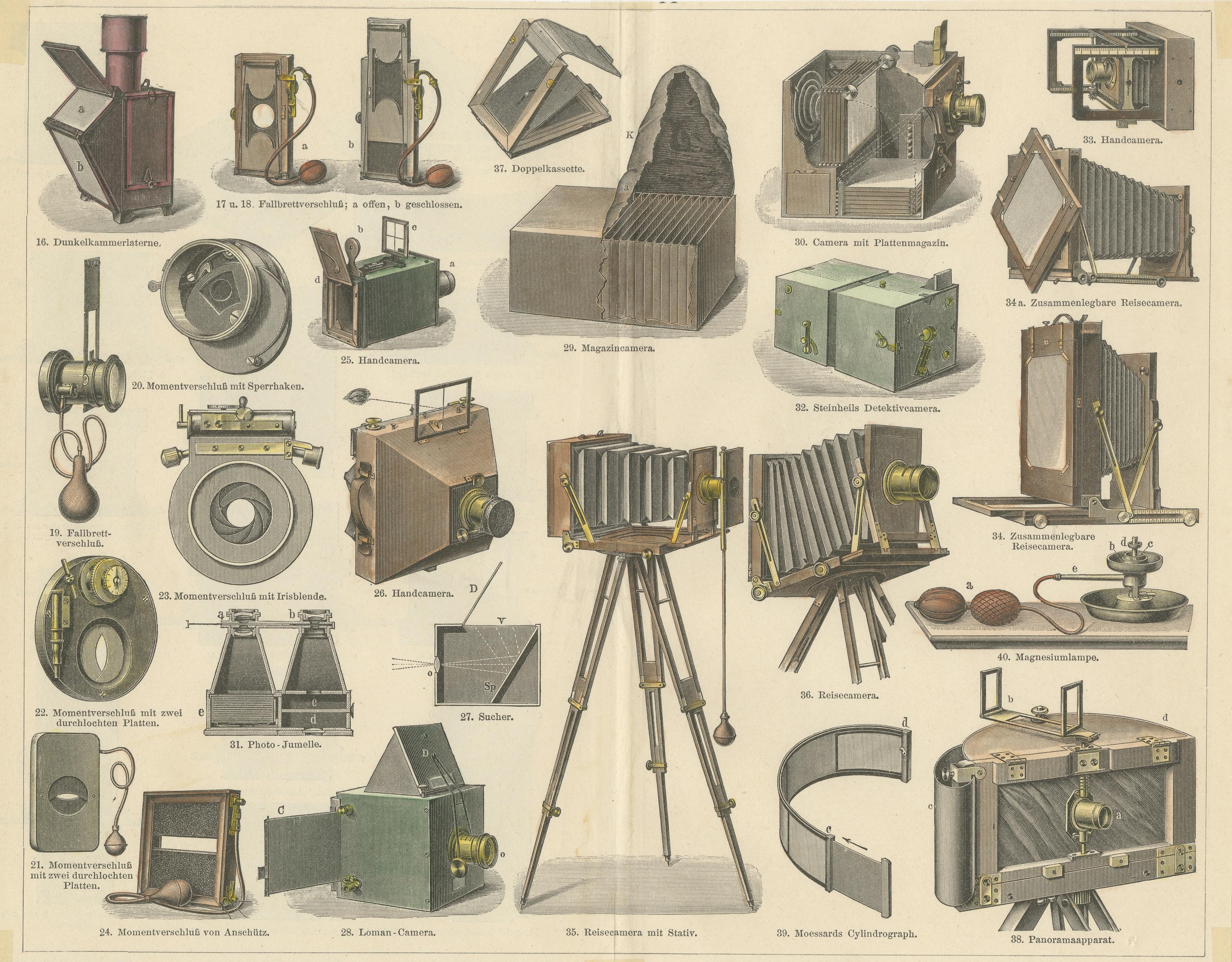 This is an original antique print titled 'Photographische Apparate II'. It shows various photo equipment and cameras. This print originates from Volume 5 of Meyers Konversations-Lexikon, published between 1893 and 1897. 

Meyers