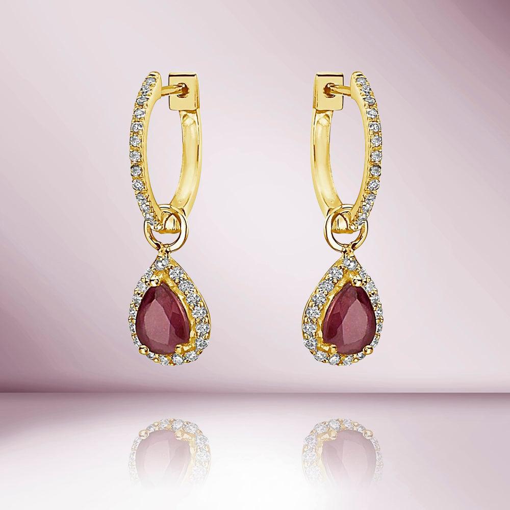 Modern Capucelli 14K Gold '1.70 Ctw' Red Ruby Pear Shape Halo Diamonds Hoop Earrings For Sale