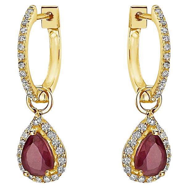 Capucelli 14K Gold '1.70 Ctw' Red Ruby Pear Shape Halo Diamonds Hoop Earrings For Sale