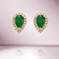 Capucelli 14K Solid Gold '1.00 ctw' Genuine Green Emerald Pear Shape Halo Studs