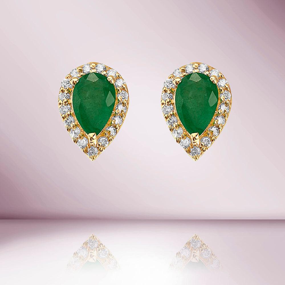 Capucelli 14K Solid Gold '1.00 ctw' Genuine Green Emerald Pear Shape Halo Studs In New Condition For Sale In Great Neck, NY