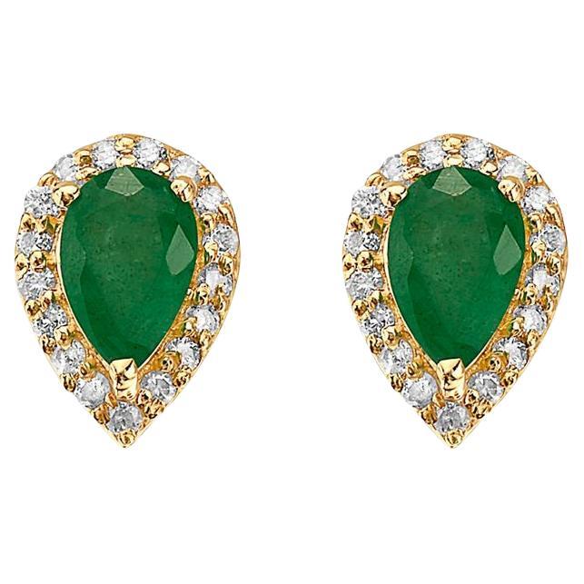 Capucelli 14K Solid Gold '1.00 ctw' Genuine Green Emerald Pear Shape Halo Studs